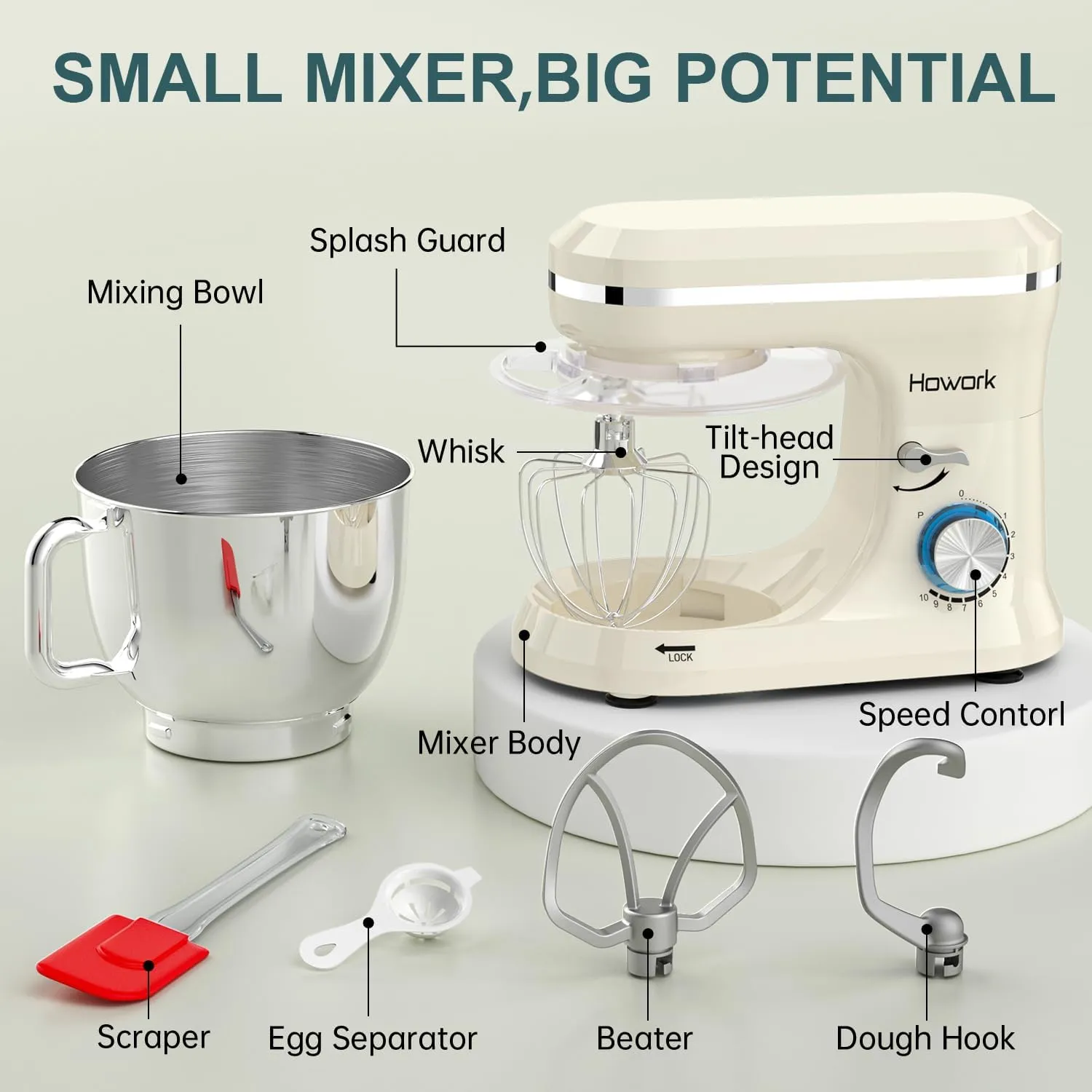 HOWORK Electric Stand Mixer,10 p Speeds With 6.5QT Stainless Steel Bowl,Dough Hook, Wire Whip & Beater,for Most Home Cooks,Cream White