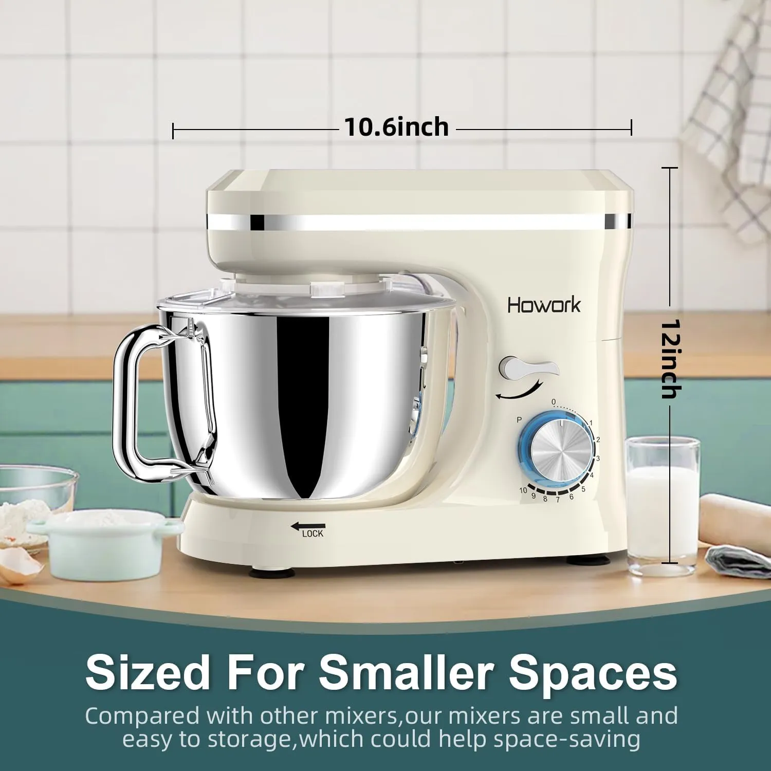 HOWORK Electric Stand Mixer,10 p Speeds With 6.5QT Stainless Steel Bowl,Dough Hook, Wire Whip & Beater,for Most Home Cooks,Cream White