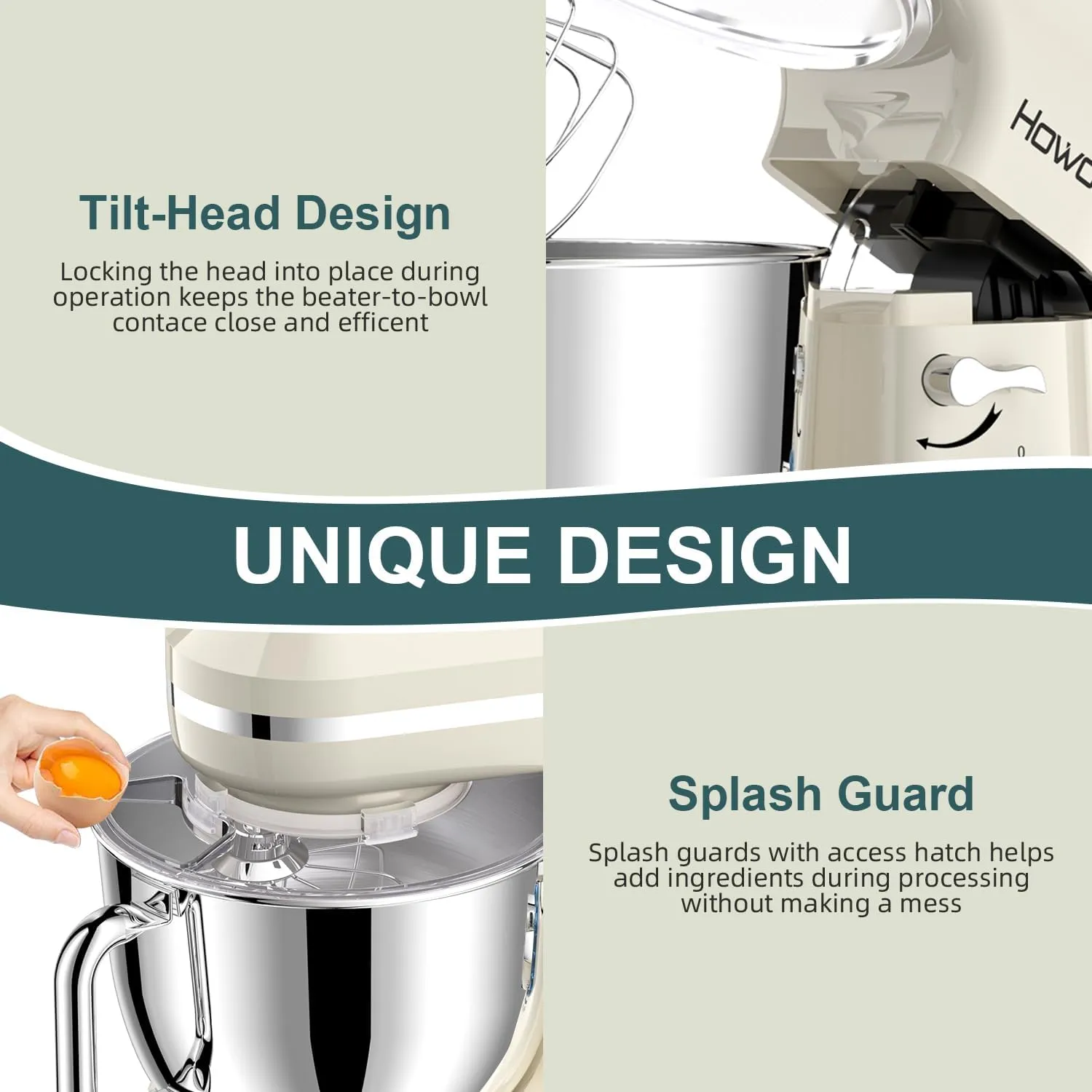 HOWORK Electric Stand Mixer,10 p Speeds With 6.5QT Stainless Steel Bowl,Dough Hook, Wire Whip & Beater,for Most Home Cooks,Cream White