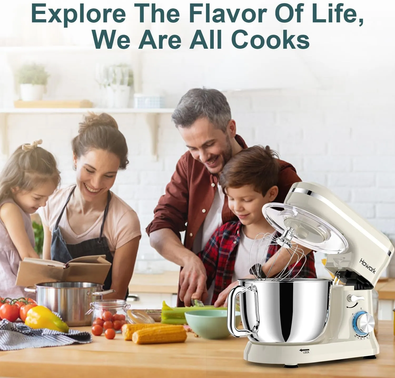 HOWORK Electric Stand Mixer,10 p Speeds With 6.5QT Stainless Steel Bowl,Dough Hook, Wire Whip & Beater,for Most Home Cooks,Cream White