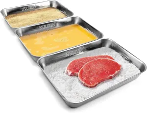 HULISEN Breading Trays Set of 3, Large Stainless Steel Breading Pans for Dredging Chicken Breasts and Marinating Meat, Interlocking Food Prep Trays for Coating Fish and Breadcrumb Dishes, Oven Safe