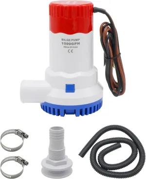 HXH Bilge Pump Installation Kit -Including 1500 GPH Bilge Pump,1 1/8 Hose,2 Stainless Steel Hose Clamps and Thru-Hull Fitting, for Cruisers,Fishing Boats,Water Tanks
