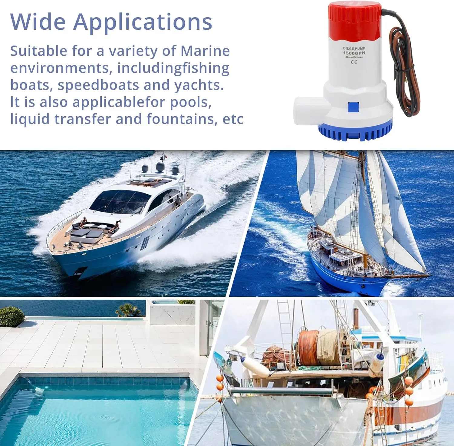 HXH Bilge Pump Installation Kit -Including 1500 GPH Bilge Pump,1 1/8 Hose,2 Stainless Steel Hose Clamps and Thru-Hull Fitting, for Cruisers,Fishing Boats,Water Tanks