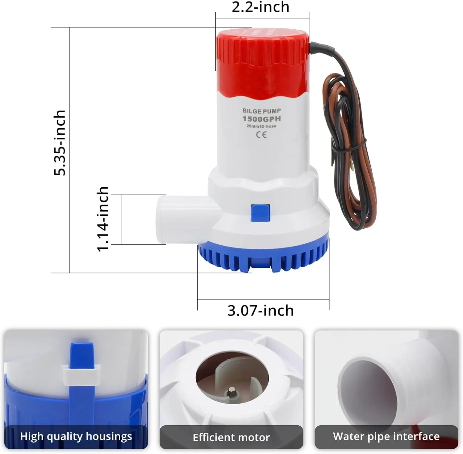 HXH Bilge Pump Installation Kit -Including 1500 GPH Bilge Pump,1 1/8 Hose,2 Stainless Steel Hose Clamps and Thru-Hull Fitting, for Cruisers,Fishing Boats,Water Tanks