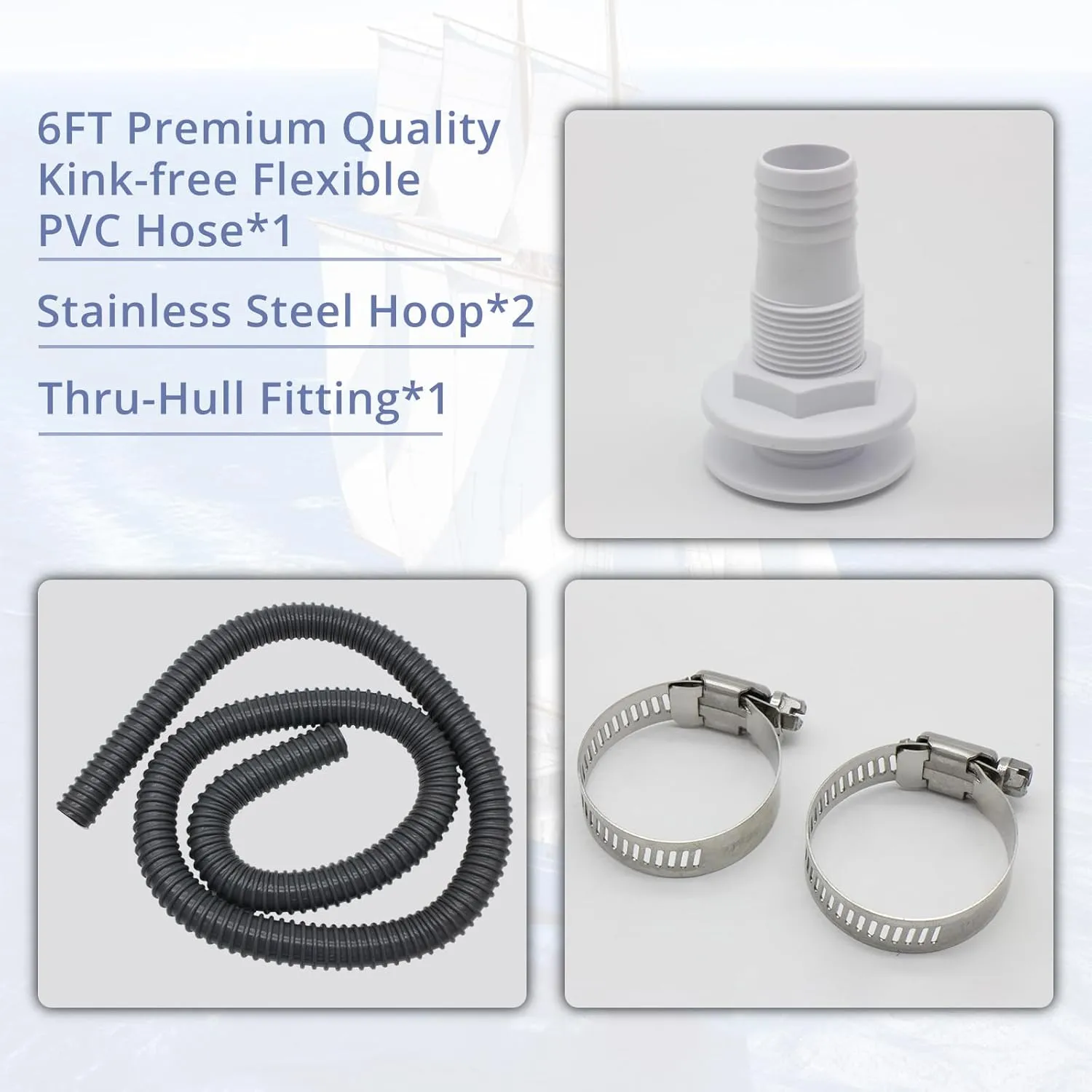 HXH Bilge Pump Installation Kit -Including 1500 GPH Bilge Pump,1 1/8 Hose,2 Stainless Steel Hose Clamps and Thru-Hull Fitting, for Cruisers,Fishing Boats,Water Tanks