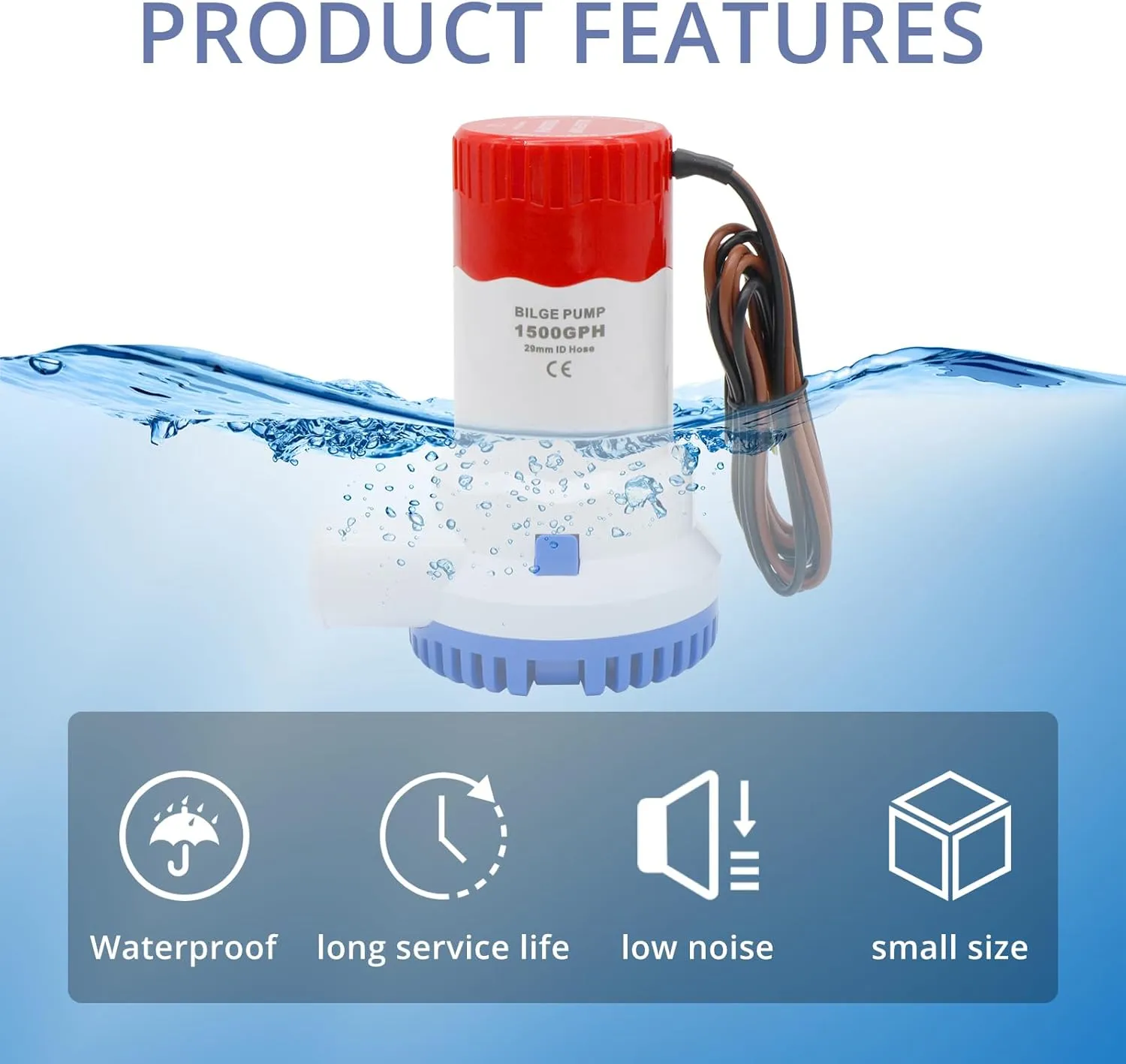 HXH Bilge Pump Installation Kit -Including 1500 GPH Bilge Pump,1 1/8 Hose,2 Stainless Steel Hose Clamps and Thru-Hull Fitting, for Cruisers,Fishing Boats,Water Tanks