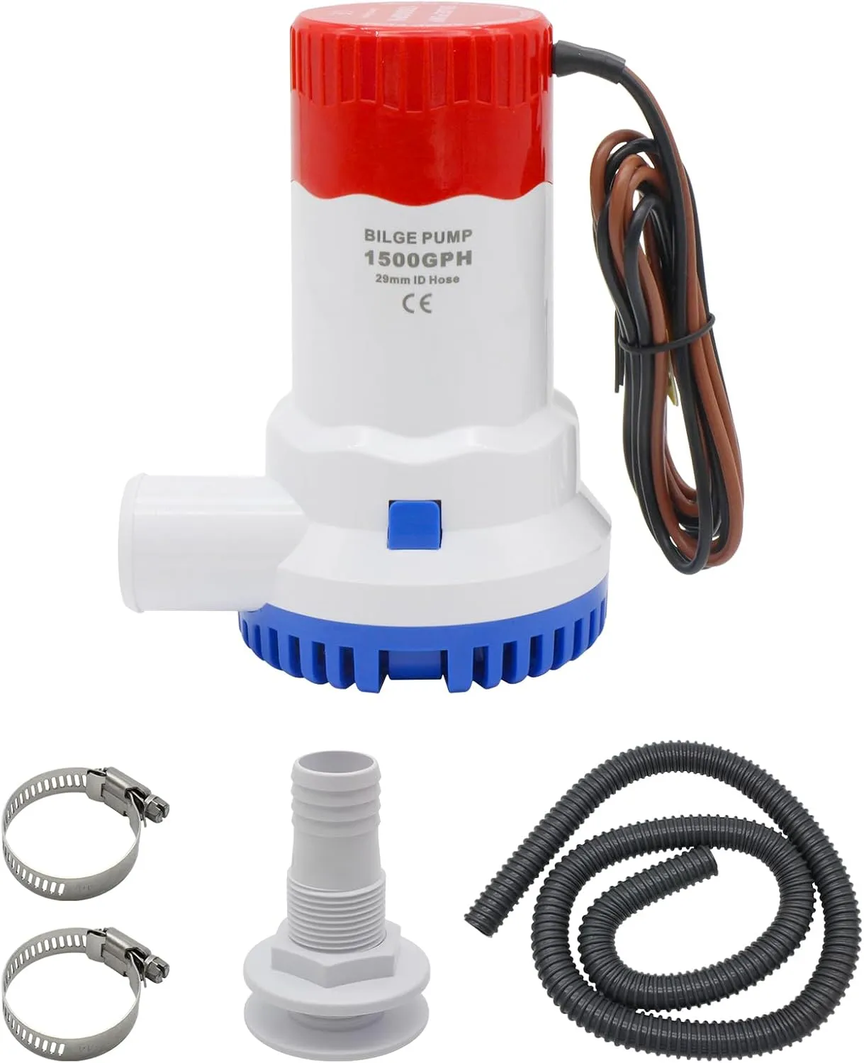 HXH Bilge Pump Installation Kit -Including 1500 GPH Bilge Pump,1 1/8 Hose,2 Stainless Steel Hose Clamps and Thru-Hull Fitting, for Cruisers,Fishing Boats,Water Tanks