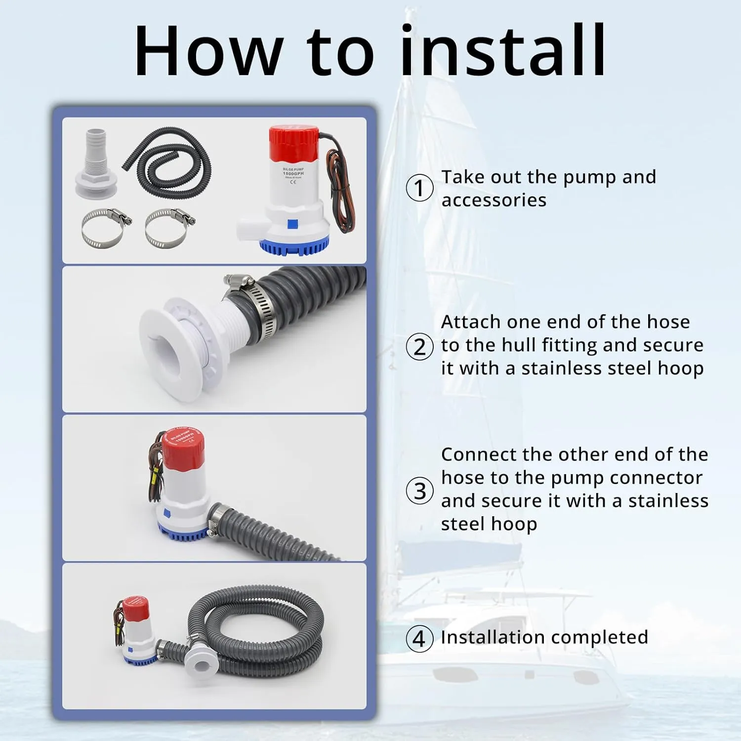 HXH Bilge Pump Installation Kit -Including 1500 GPH Bilge Pump,1 1/8 Hose,2 Stainless Steel Hose Clamps and Thru-Hull Fitting, for Cruisers,Fishing Boats,Water Tanks