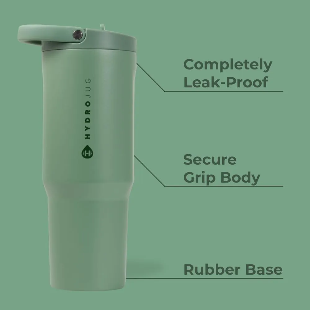 HydroJug Sport - Stainless Steel Tumbler with Straw, Vacuum Insulated, 40oz Leakproof Water Bottle, Ergonomic Design, Reusable, Dishwasher Safe, Rubber Base, Durable for Gym or Outdoors, Sage