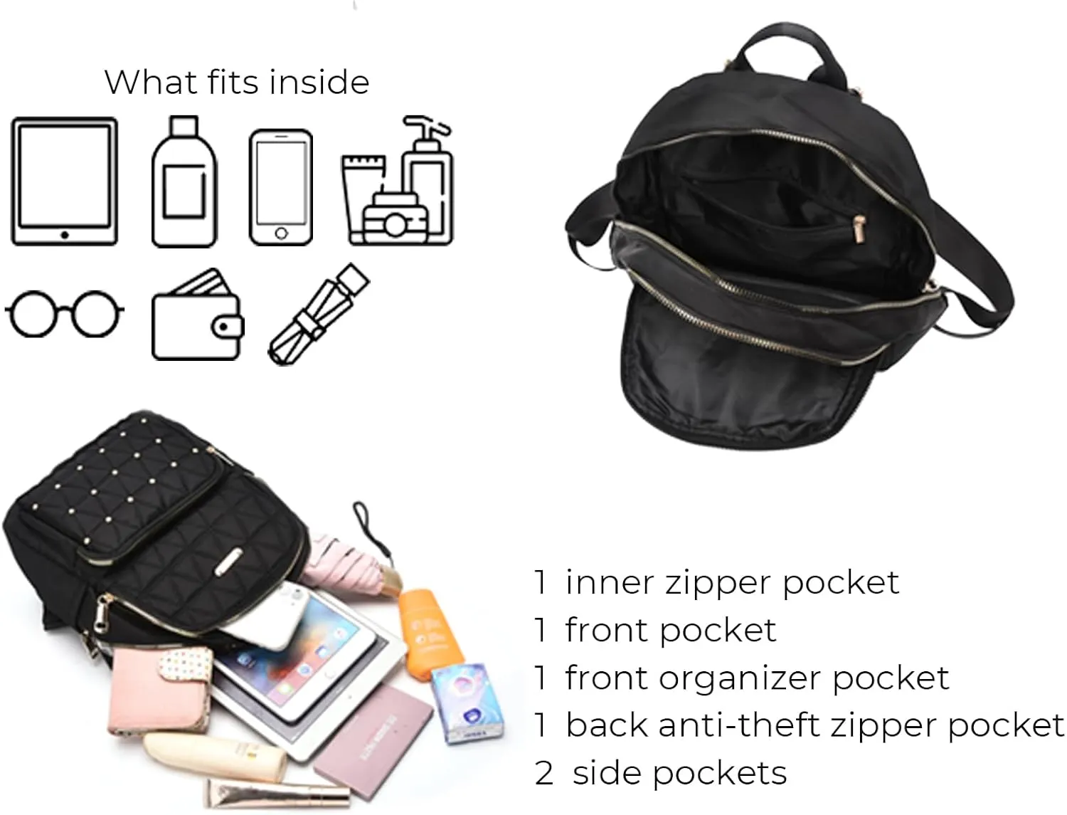 I IHAYNER Mini Backpack for Women Nylon Travel Purse Shoulder Bag for College Work Casual Lightweight Daypack With Rivets for Ladies Black