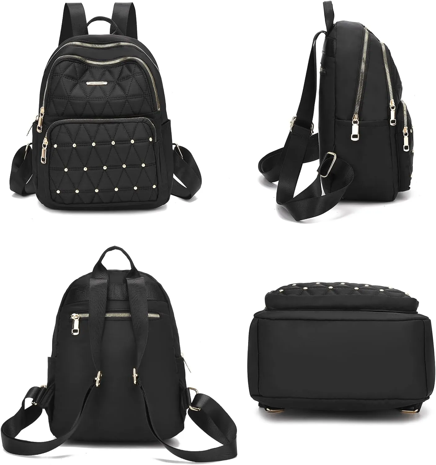 I IHAYNER Mini Backpack for Women Nylon Travel Purse Shoulder Bag for College Work Casual Lightweight Daypack With Rivets for Ladies Black