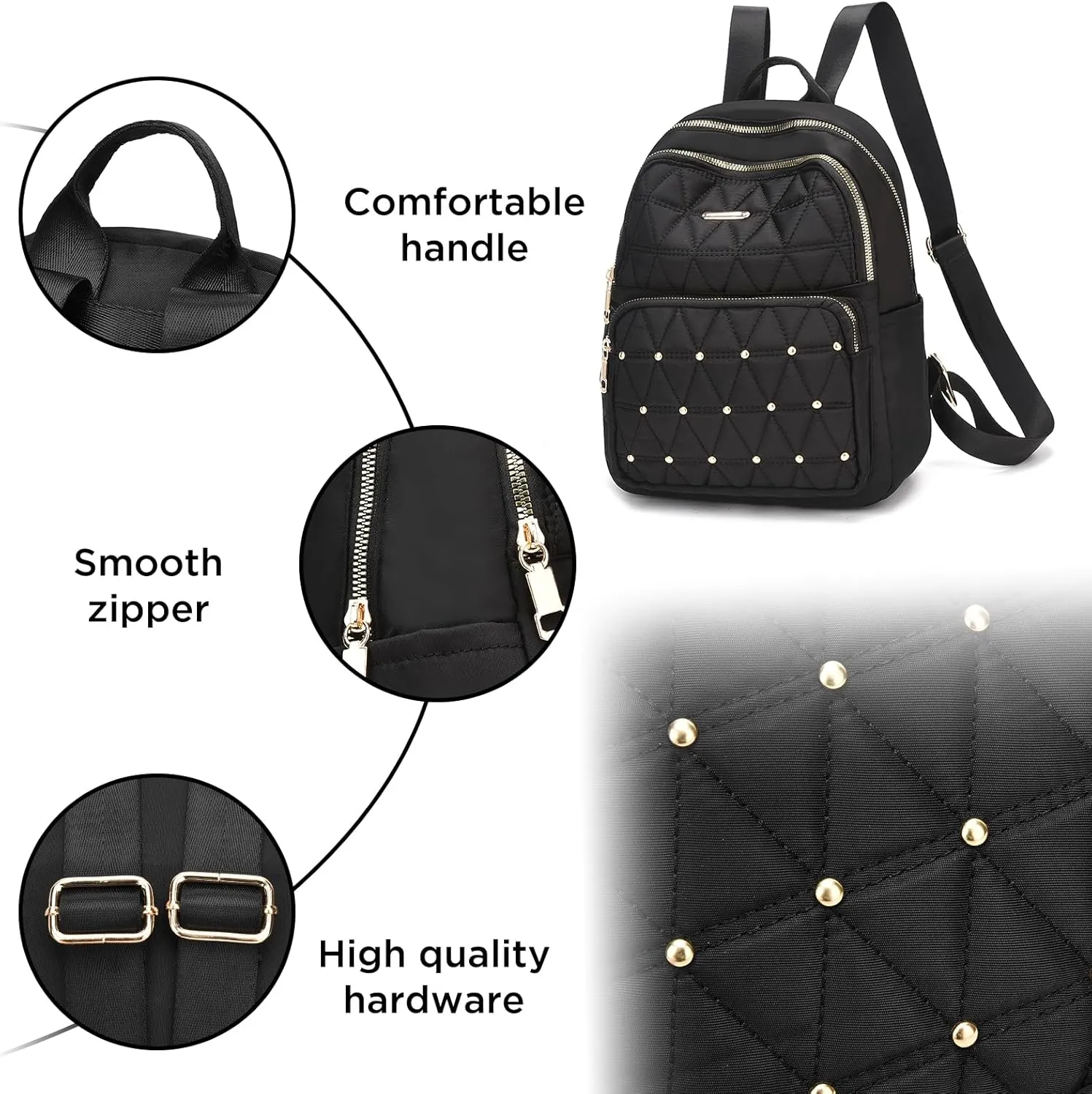 I IHAYNER Mini Backpack for Women Nylon Travel Purse Shoulder Bag for College Work Casual Lightweight Daypack With Rivets for Ladies Black