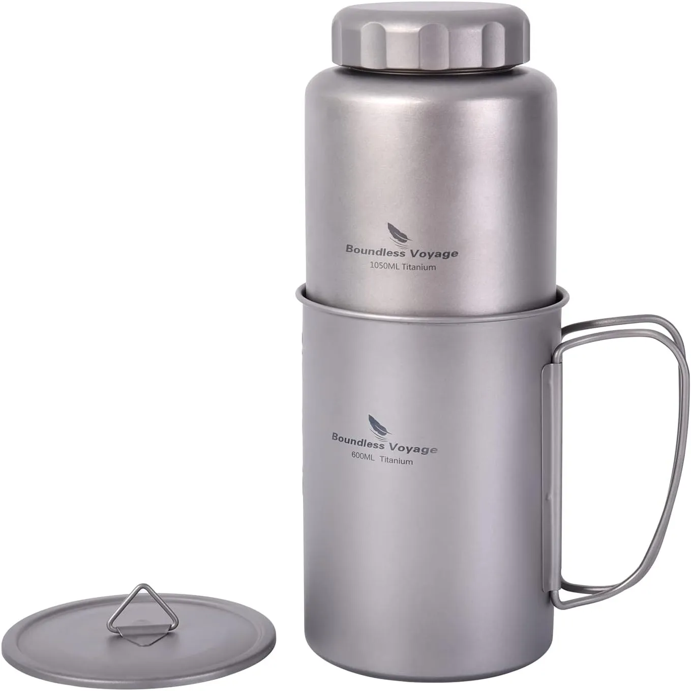 iBasingo 1050ml Titanium Bottle with 600ml Nesting Cup Outdoor Camping Single Layer Wide Mouth Cookware Lightweight Portable Bottle Mug Set Hiking Picnic Solo Cooking Mess Kit Ti3007D