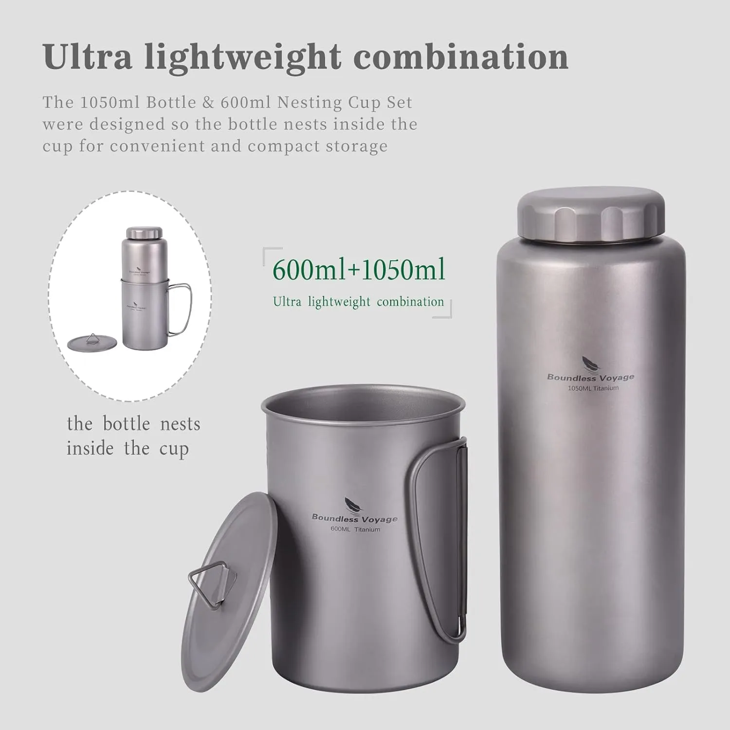 iBasingo 1050ml Titanium Bottle with 600ml Nesting Cup Outdoor Camping Single Layer Wide Mouth Cookware Lightweight Portable Bottle Mug Set Hiking Picnic Solo Cooking Mess Kit Ti3007D