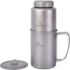 iBasingo 1050ml Titanium Bottle with 600ml Nesting Cup Outdoor Camping Single Layer Wide Mouth Cookware Lightweight Portable Bottle Mug Set Hiking Picnic Solo Cooking Mess Kit Ti3007D