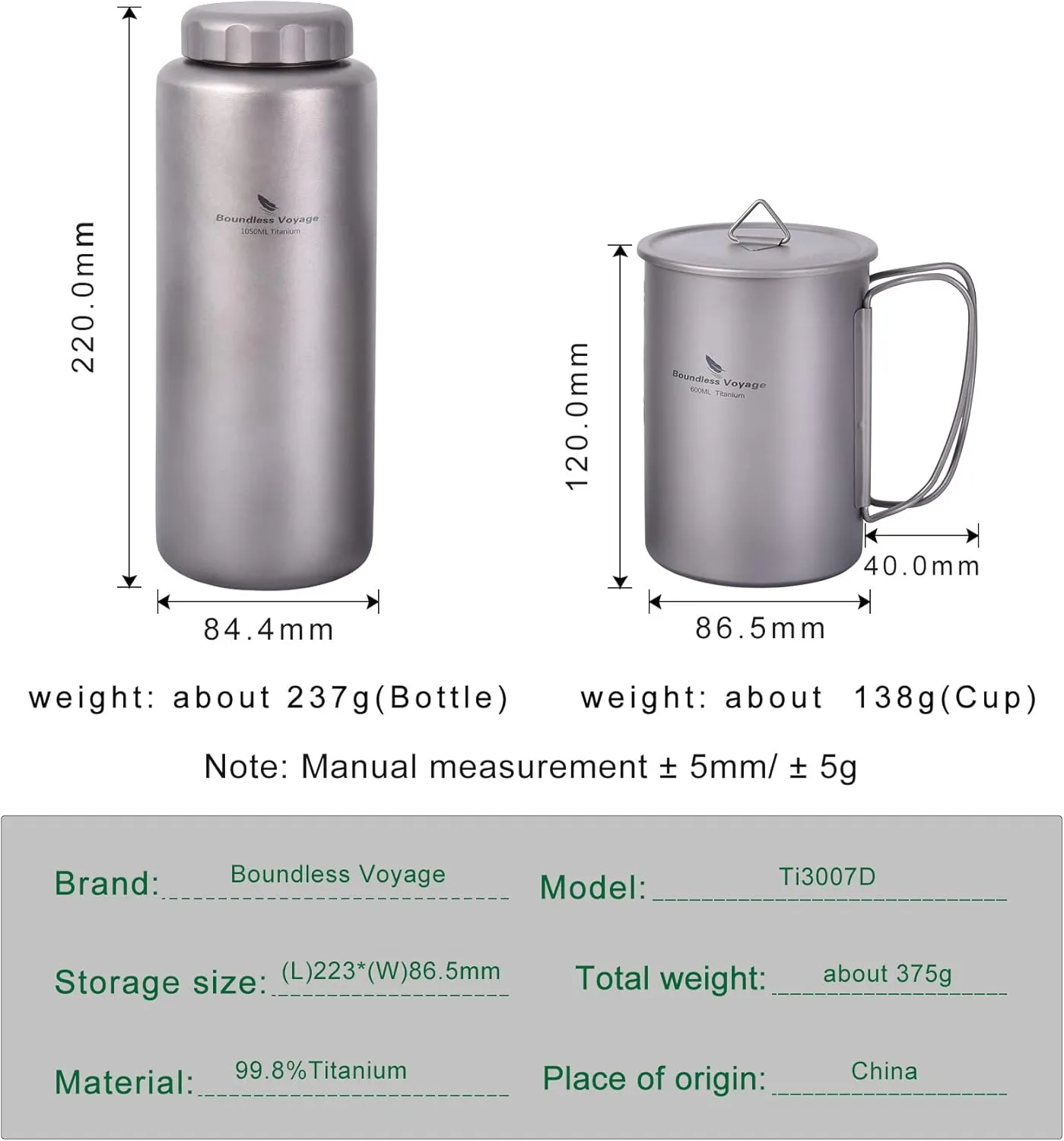iBasingo 1050ml Titanium Bottle with 600ml Nesting Cup Outdoor Camping Single Layer Wide Mouth Cookware Lightweight Portable Bottle Mug Set Hiking Picnic Solo Cooking Mess Kit Ti3007D