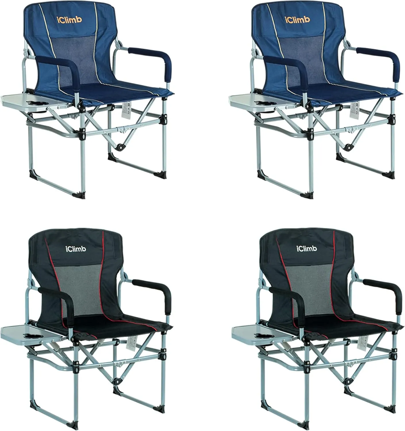 iClimb Heavy Duty Compact Camping Folding Mesh Chair with Side Table and Handle, 2 Navy and 2 Black Bundle