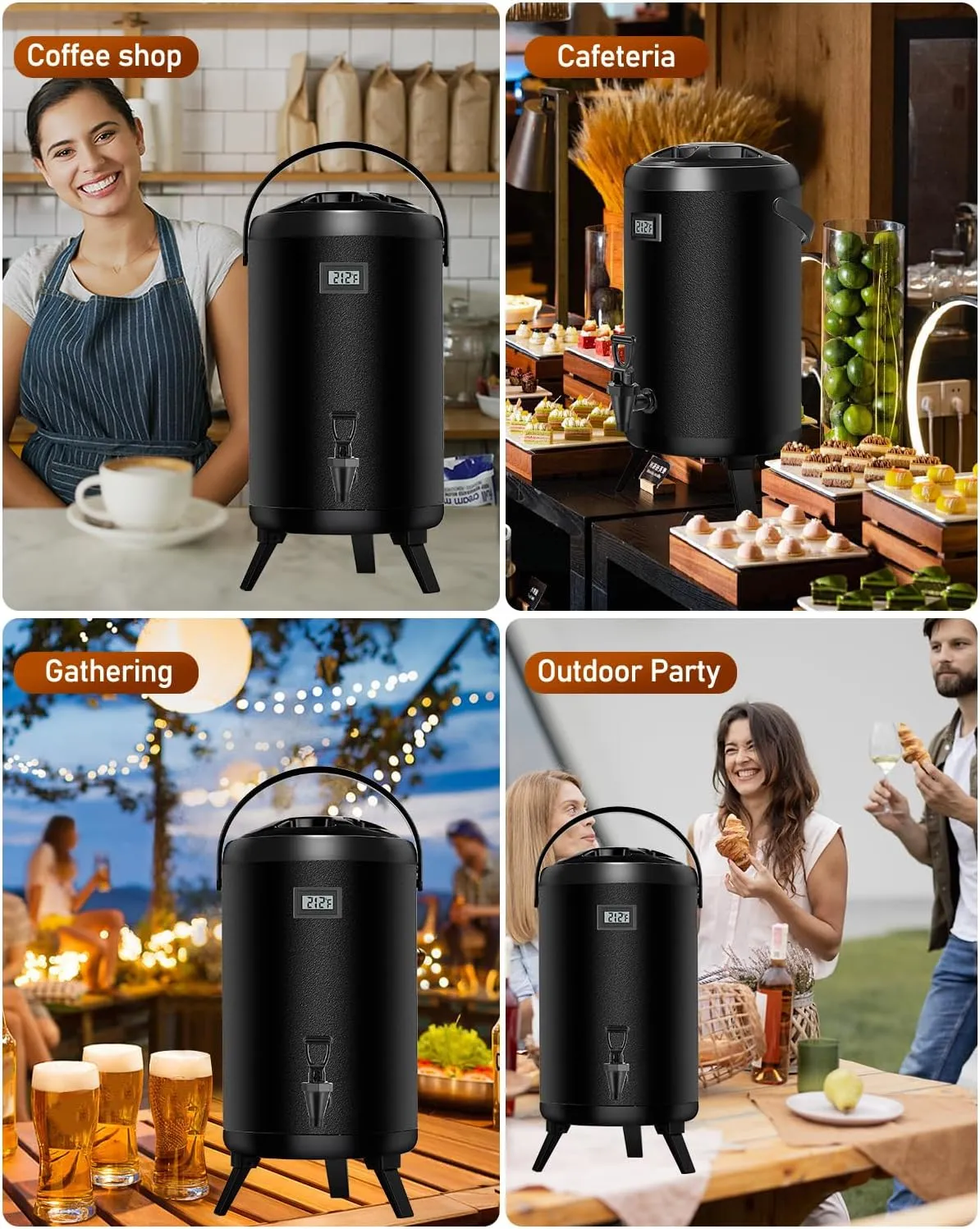Insulated Beverage Dispenser 2.2 Gal 2 Pack - Hot Beverage Dispenser 304 Stainless Steel w/Real-time Thermometer Cold Drink Dispenser Water Milk Tea Coffee Party Buffet Commercial w/Labels, Black