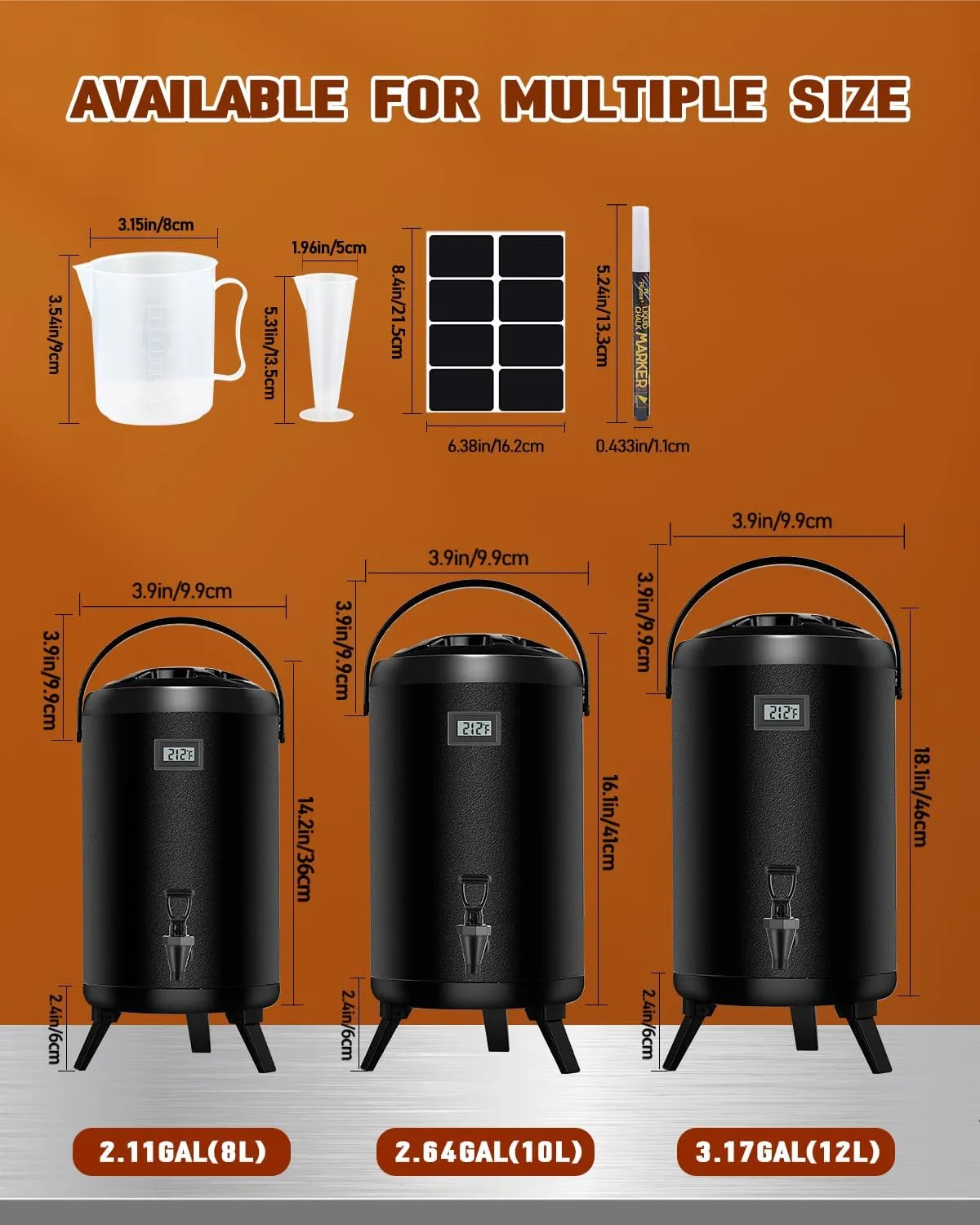 Insulated Beverage Dispenser 2.2 Gal 2 Pack - Hot Beverage Dispenser 304 Stainless Steel w/Real-time Thermometer Cold Drink Dispenser Water Milk Tea Coffee Party Buffet Commercial w/Labels, Black