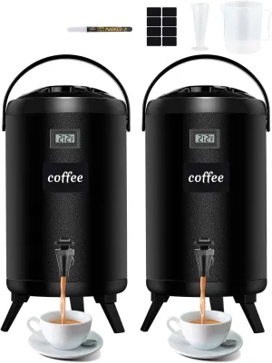 Insulated Beverage Dispenser 2.2 Gal 2 Pack - Hot Beverage Dispenser 304 Stainless Steel w/Real-time Thermometer Cold Drink Dispenser Water Milk Tea Coffee Party Buffet Commercial w/Labels, Black