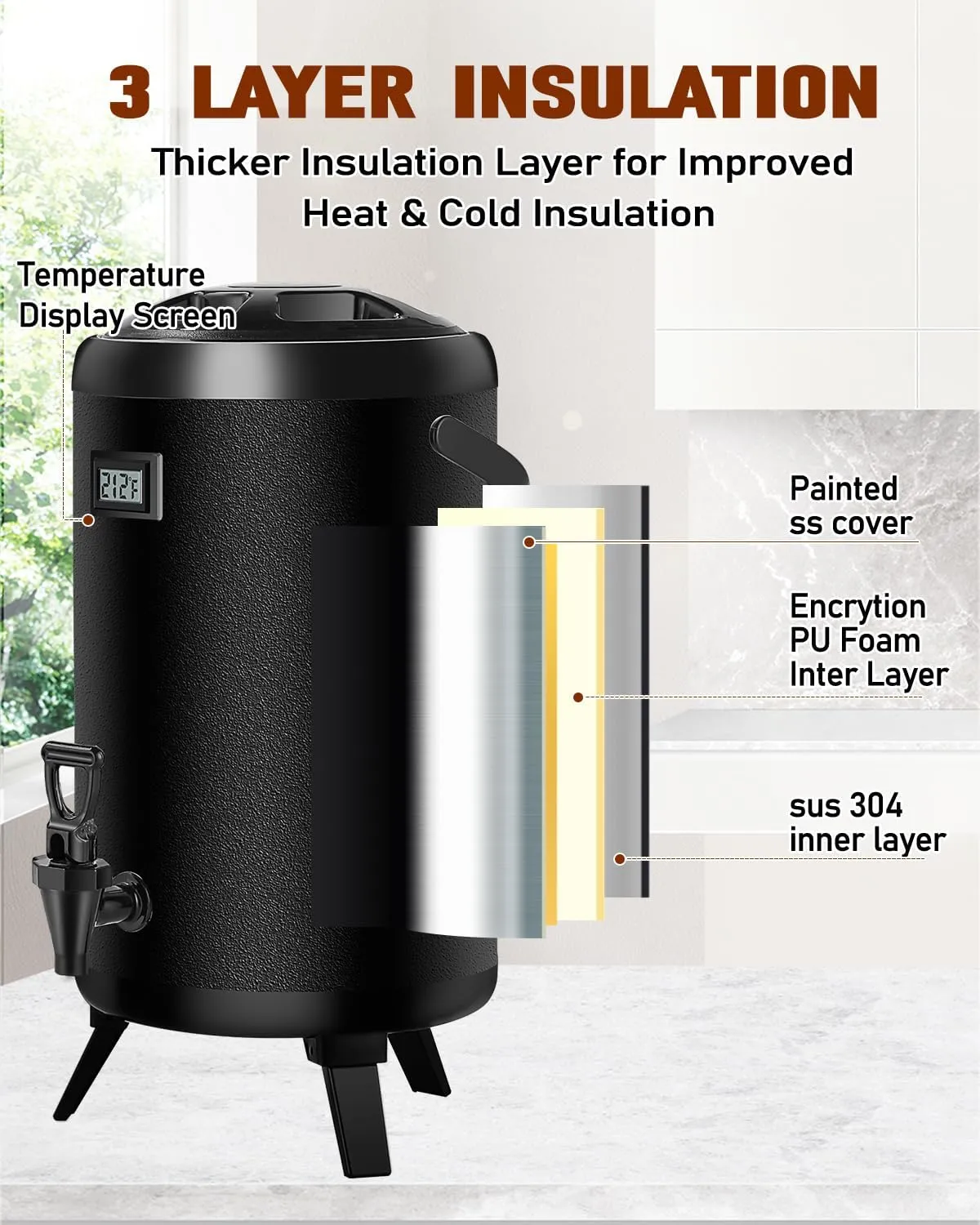 Insulated Beverage Dispenser 2.2 Gal 2 Pack - Hot Beverage Dispenser 304 Stainless Steel w/Real-time Thermometer Cold Drink Dispenser Water Milk Tea Coffee Party Buffet Commercial w/Labels, Black