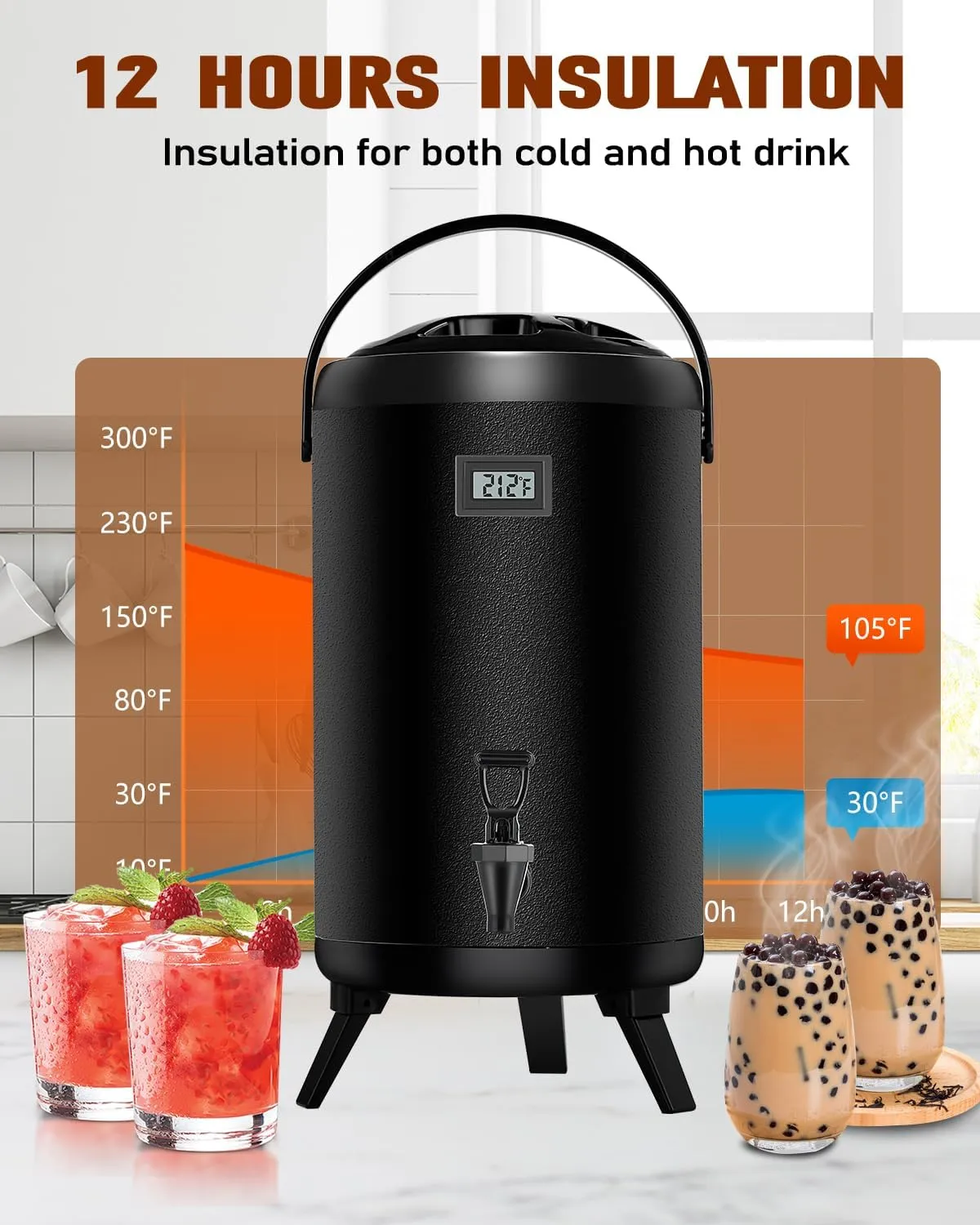Insulated Beverage Dispenser 2.2 Gal 2 Pack - Hot Beverage Dispenser 304 Stainless Steel w/Real-time Thermometer Cold Drink Dispenser Water Milk Tea Coffee Party Buffet Commercial w/Labels, Black