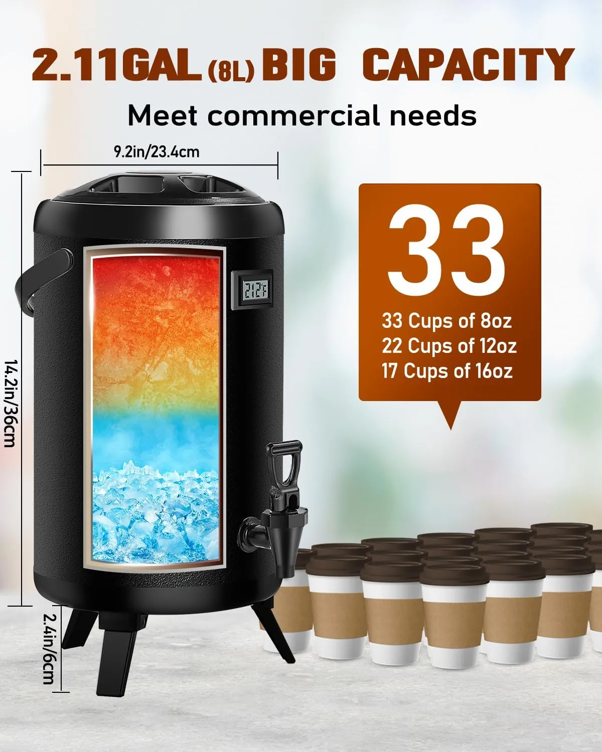 Insulated Beverage Dispenser 2.2 Gal 2 Pack - Hot Beverage Dispenser 304 Stainless Steel w/Real-time Thermometer Cold Drink Dispenser Water Milk Tea Coffee Party Buffet Commercial w/Labels, Black