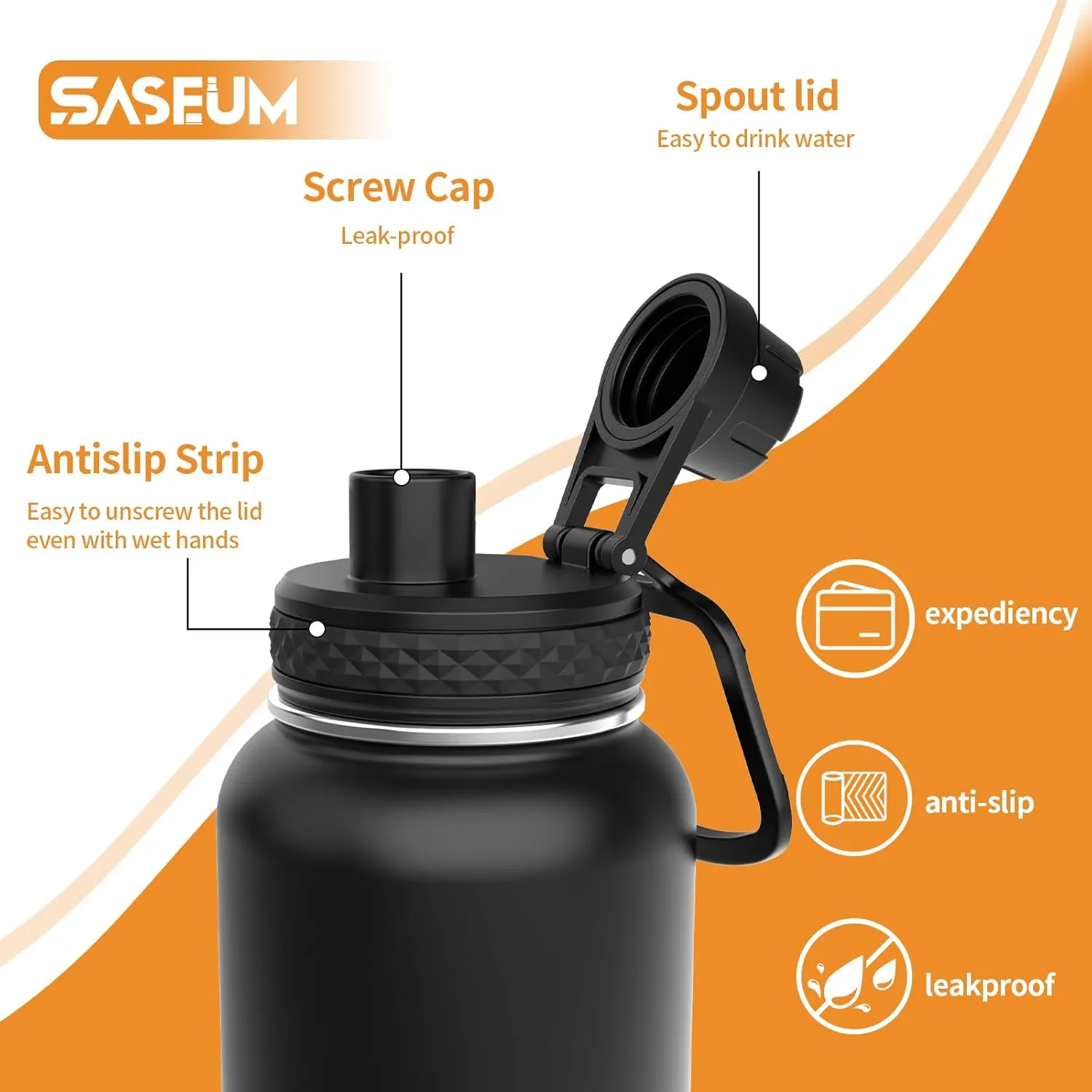 Insulated Stainless Steel Water Bottles 32oz with Spout Lids Metal Vacuum Thermal Large Water Jug Leak-proof Reusable Flask for Sports Gym and Travel,Black