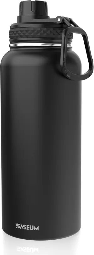 Insulated Stainless Steel Water Bottles 32oz with Spout Lids Metal Vacuum Thermal Large Water Jug Leak-proof Reusable Flask for Sports Gym and Travel,Black