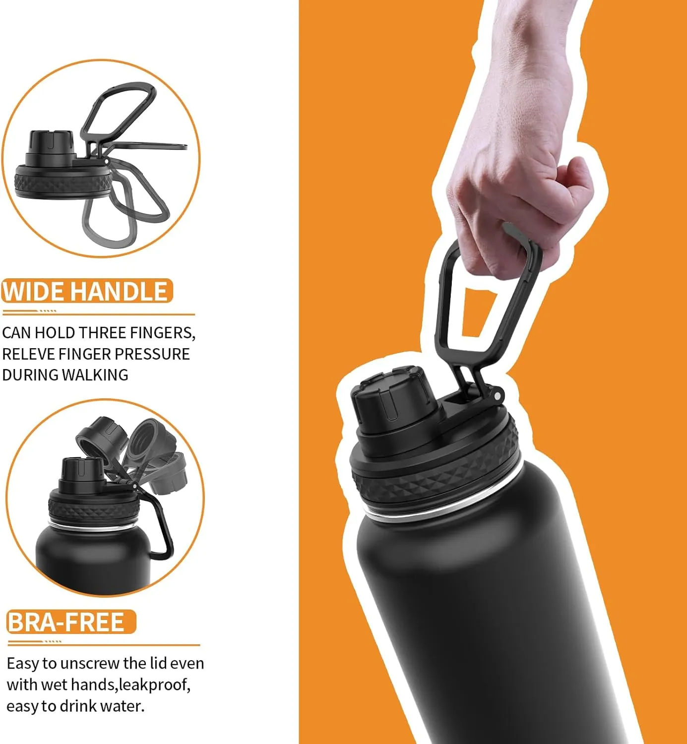 Insulated Stainless Steel Water Bottles 32oz with Spout Lids Metal Vacuum Thermal Large Water Jug Leak-proof Reusable Flask for Sports Gym and Travel,Black