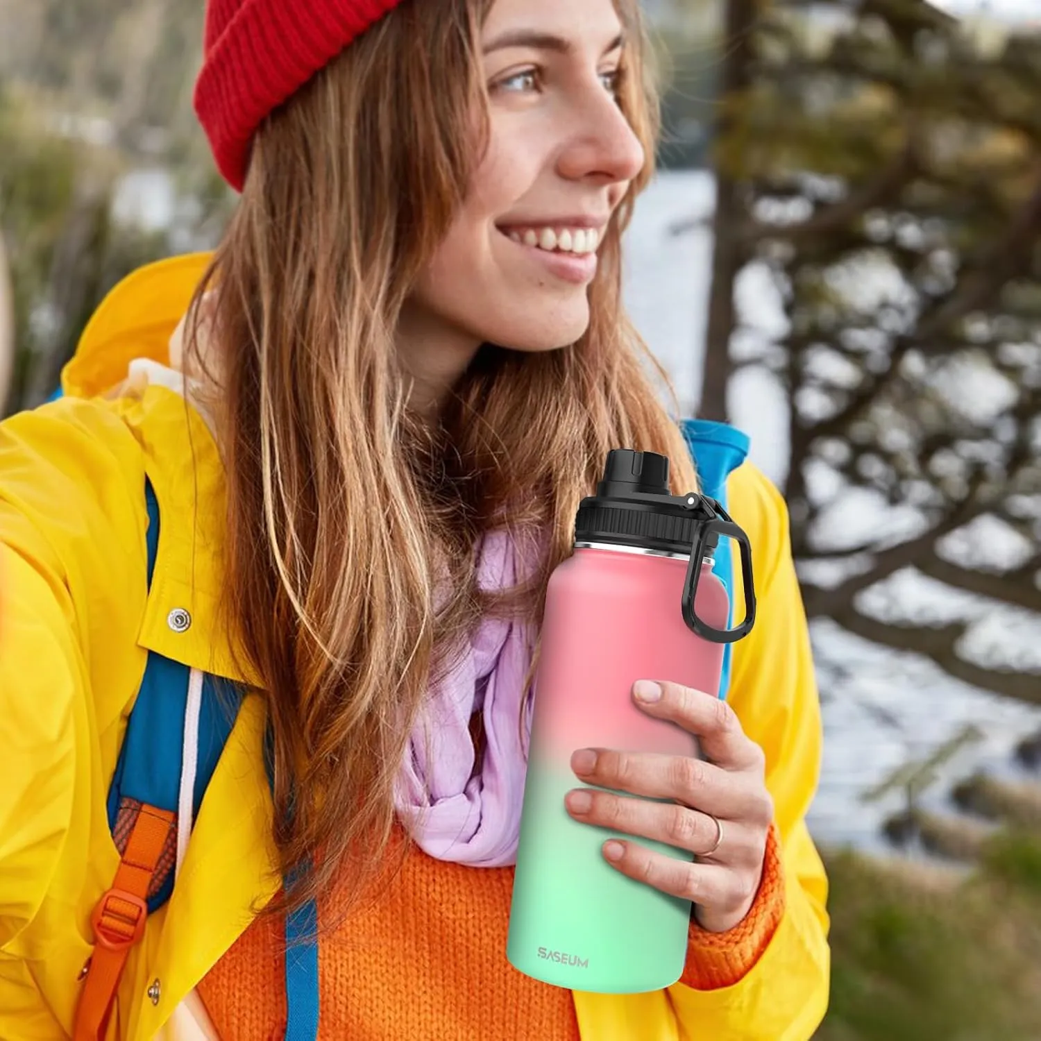 Insulated Stainless Steel Water Bottles 32oz with Spout Lids Metal Vacuum Thermal Large Water Jug Leak-proof Reusable Flask for Sports Gym and Travel,Black