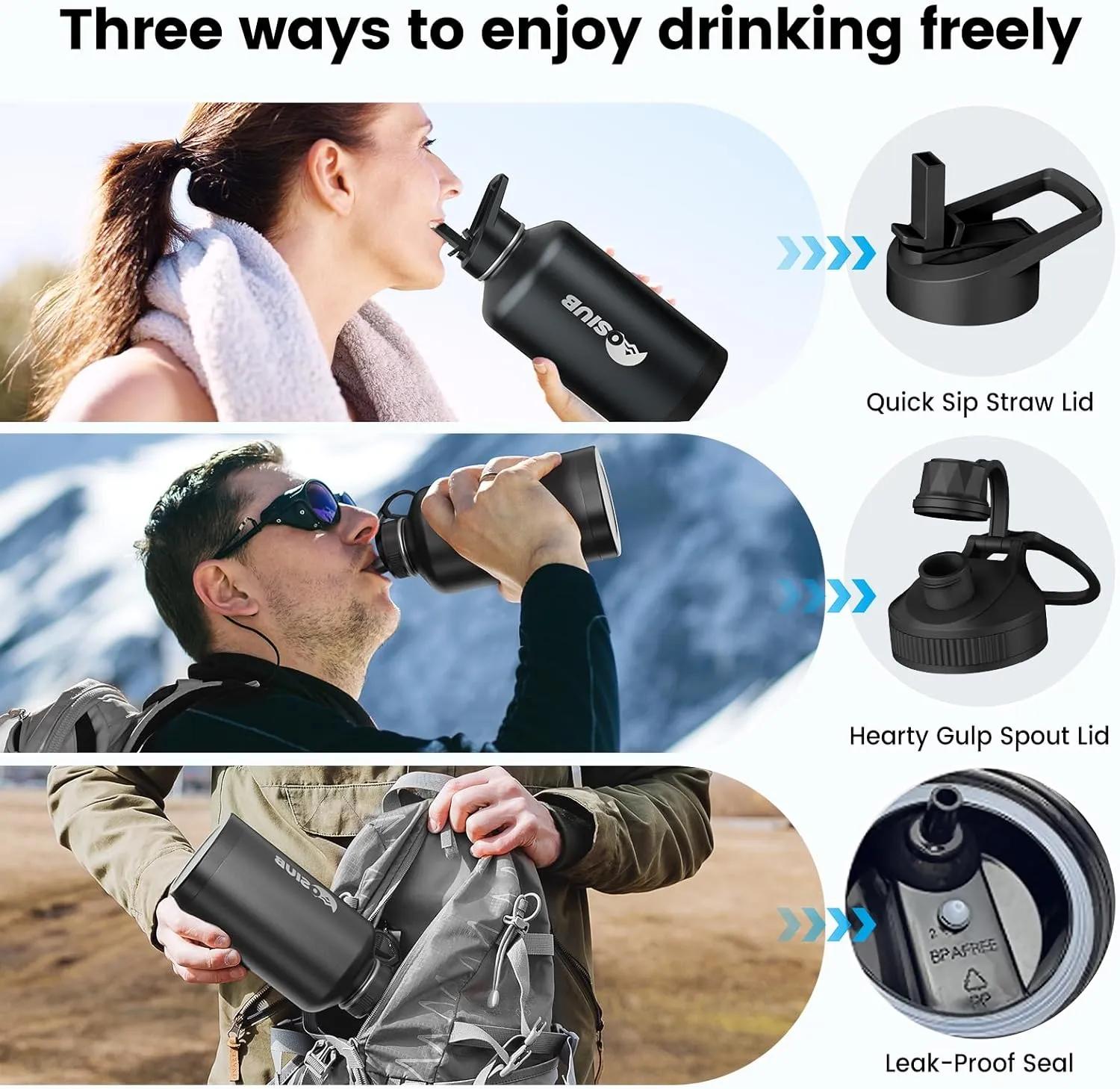 Insulated Water Bottle 40 oz, Triple Wall Vacuum Stainless Steel(Cold for 48 Hrs),Leak Proof & BPA-Free,Simple Modern Water Bottle with Drink-Through Lid & Flip Straw for Sports & Travel, Black