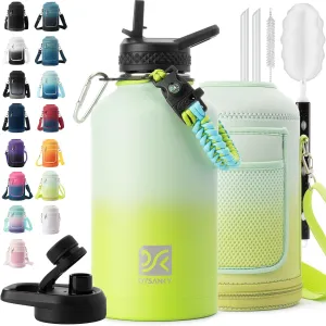 Insulated Water Bottle | Thickened Stainless Steel Vacuum Metal Thermos | Portable Sports Half Gallon Large Water Jug for Gym and Hiking with Straw, Carrier Bag, Handle Strap | BPA-Free 64 oz