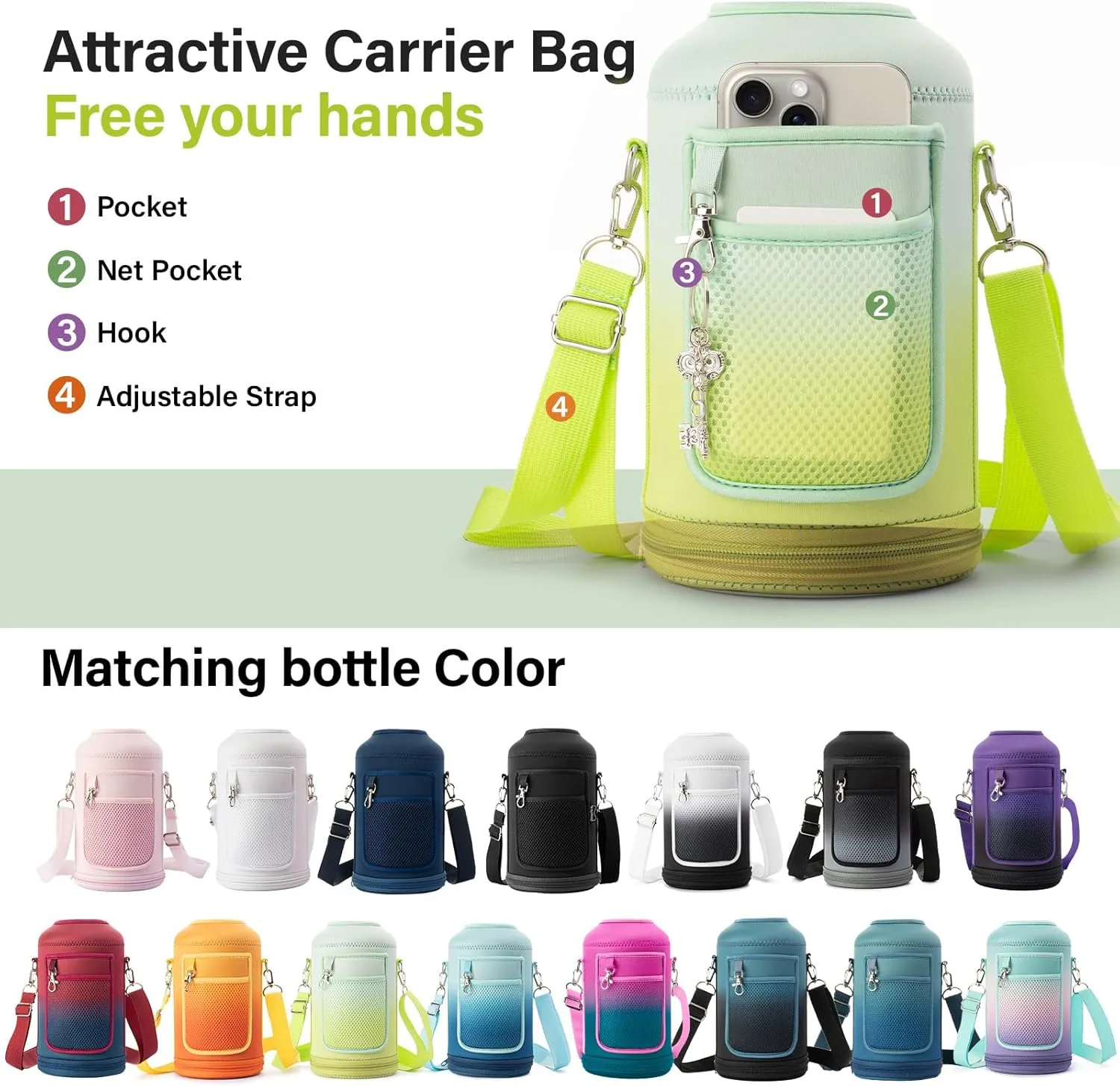 Insulated Water Bottle | Thickened Stainless Steel Vacuum Metal Thermos | Portable Sports Half Gallon Large Water Jug for Gym and Hiking with Straw, Carrier Bag, Handle Strap | BPA-Free 64 oz