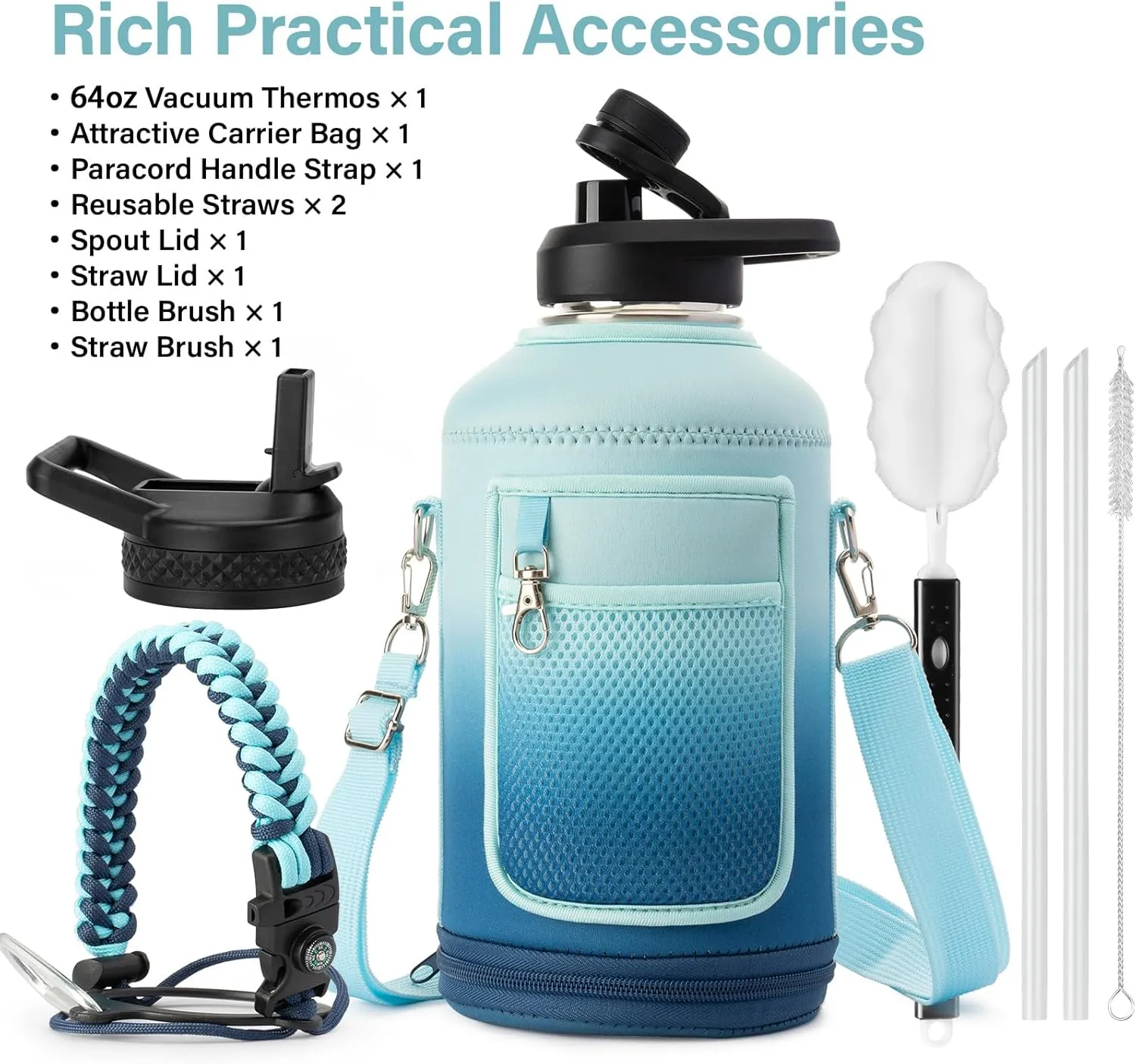 Insulated Water Bottle | Thickened Stainless Steel Vacuum Metal Thermos | Portable Sports Half Gallon Large Water Jug for Gym and Hiking with Straw, Carrier Bag, Handle Strap | BPA-Free 64 oz