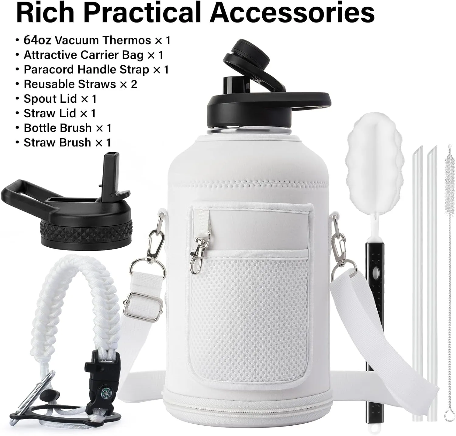 Insulated Water Bottle | Thickened Stainless Steel Vacuum Metal Thermos | Portable Sports Half Gallon Large Water Jug for Gym and Hiking with Straw, Carrier Bag, Handle Strap | BPA-Free 64 oz