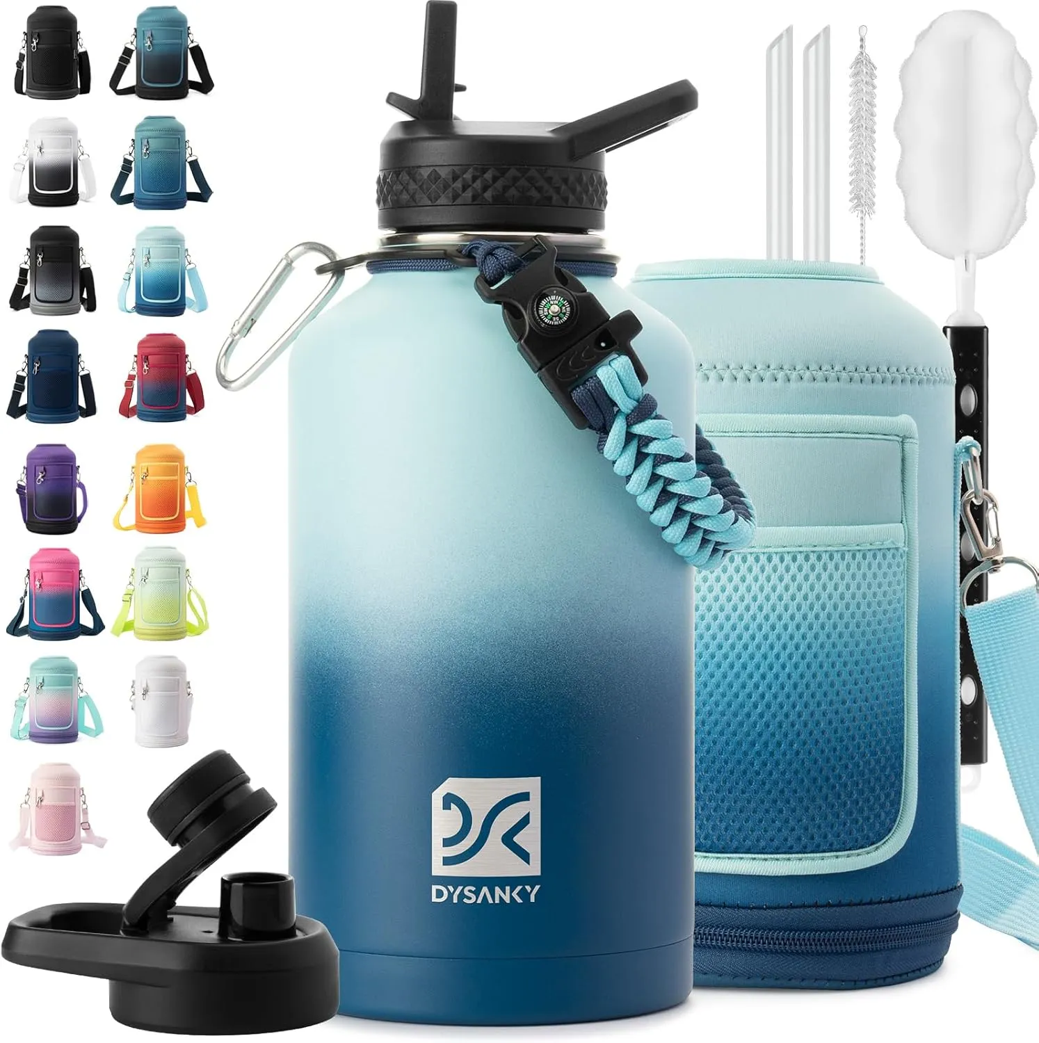 Insulated Water Bottle | Thickened Stainless Steel Vacuum Metal Thermos | Portable Sports Half Gallon Large Water Jug for Gym and Hiking with Straw, Carrier Bag, Handle Strap | BPA-Free 64 oz