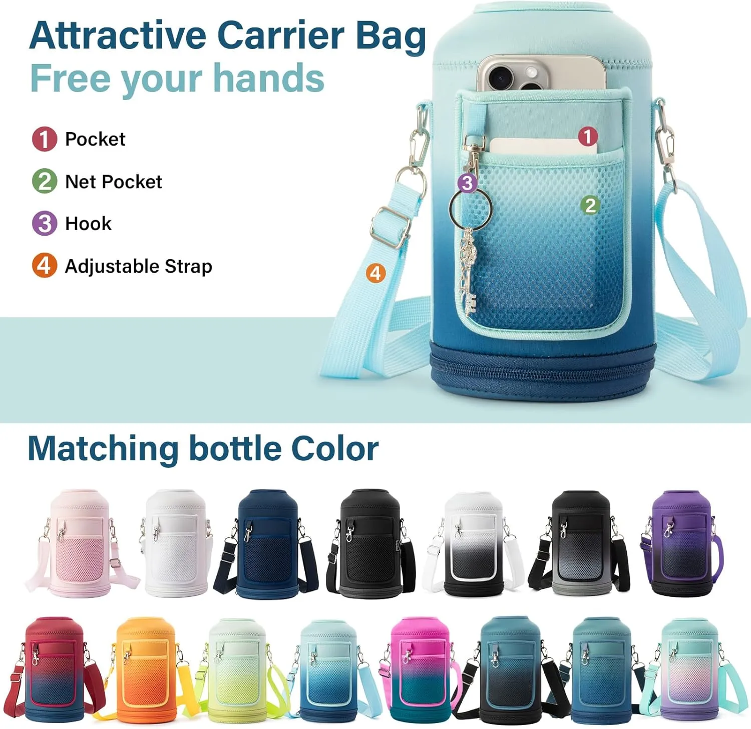 Insulated Water Bottle | Thickened Stainless Steel Vacuum Metal Thermos | Portable Sports Half Gallon Large Water Jug for Gym and Hiking with Straw, Carrier Bag, Handle Strap | BPA-Free 64 oz