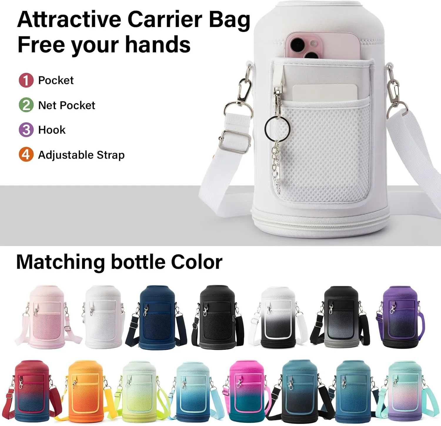 Insulated Water Bottle | Thickened Stainless Steel Vacuum Metal Thermos | Portable Sports Half Gallon Large Water Jug for Gym and Hiking with Straw, Carrier Bag, Handle Strap | BPA-Free 64 oz
