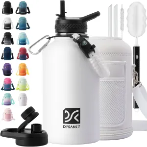Insulated Water Bottle | Thickened Stainless Steel Vacuum Metal Thermos | Portable Sports Half Gallon Large Water Jug for Gym and Hiking with Straw, Carrier Bag, Handle Strap | BPA-Free 64 oz
