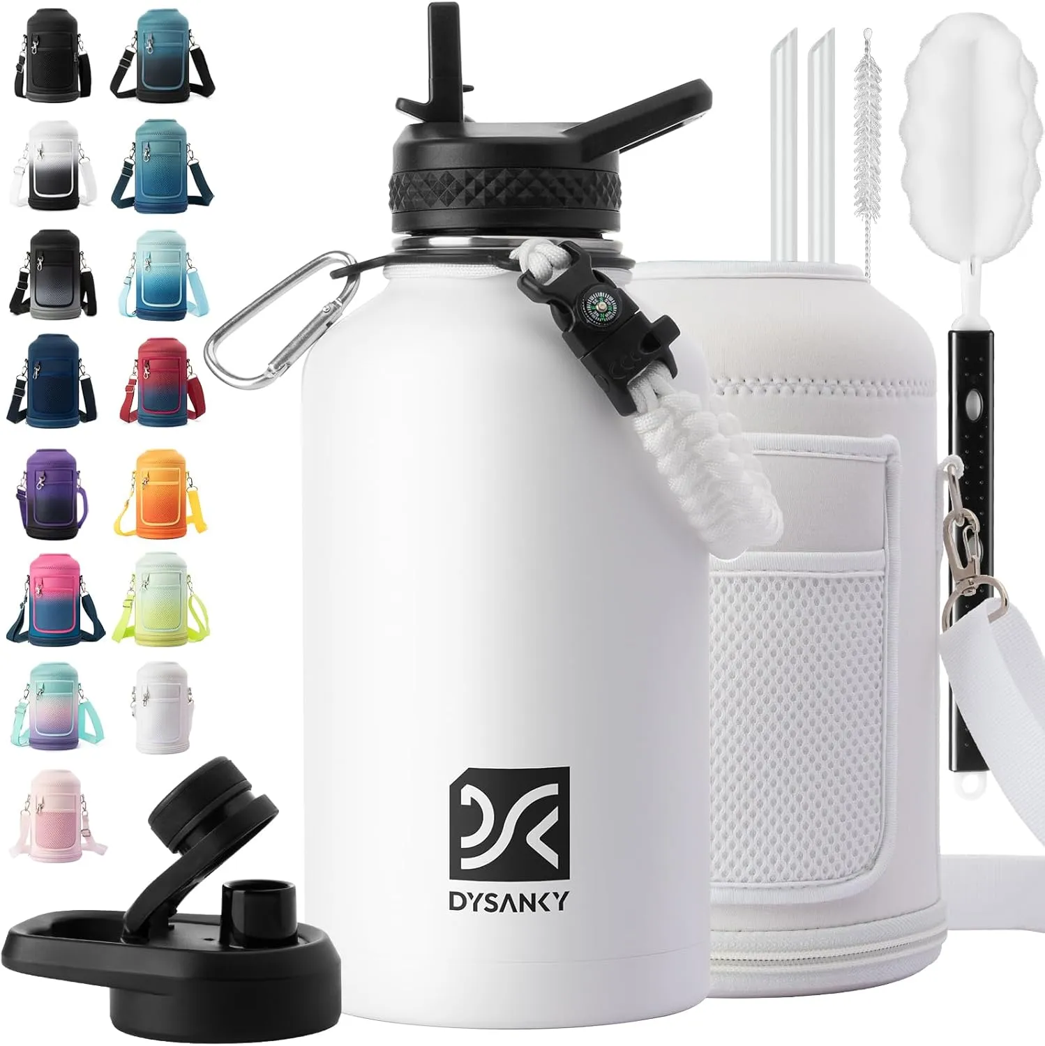 Insulated Water Bottle | Thickened Stainless Steel Vacuum Metal Thermos | Portable Sports Half Gallon Large Water Jug for Gym and Hiking with Straw, Carrier Bag, Handle Strap | BPA-Free 64 oz