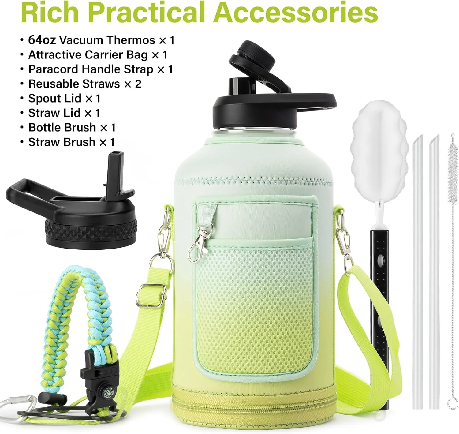 Insulated Water Bottle | Thickened Stainless Steel Vacuum Metal Thermos | Portable Sports Half Gallon Large Water Jug for Gym and Hiking with Straw, Carrier Bag, Handle Strap | BPA-Free 64 oz