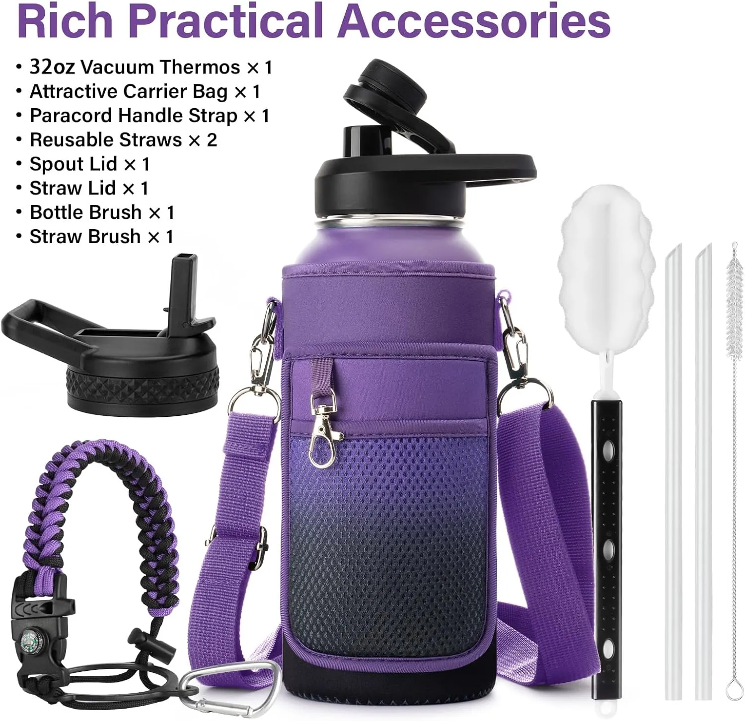 Insulated Water Bottle | Thickened Stainless Steel Vacuum Metal Thermos | Portable Sports Water Jug for Gym and Hiking with Straw, Carrier Bag, Handle Strap | BPA-Free 32 oz
