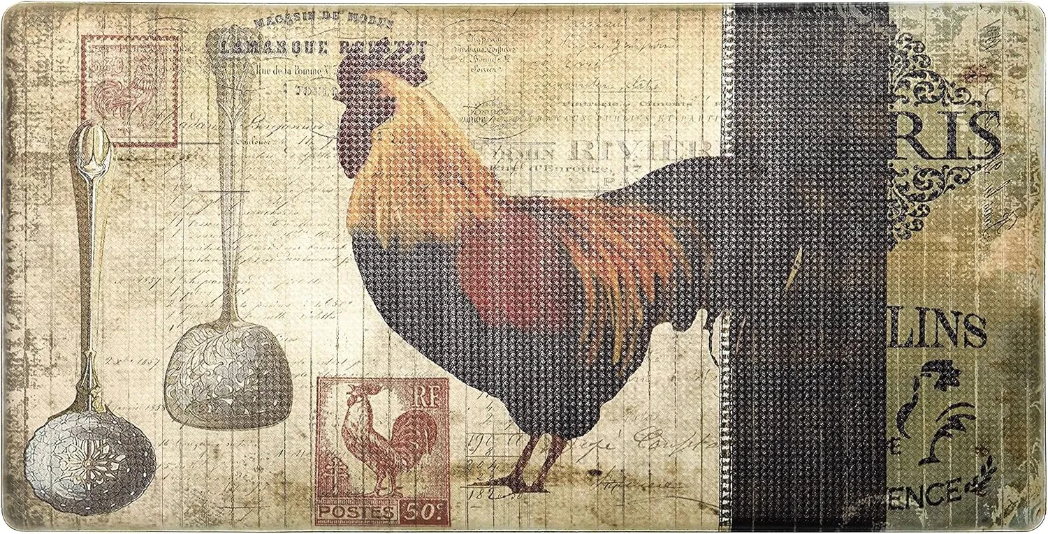J&V TEXTILES Anti Fatigue Kitchen Mat for Floor, Embossed Themed Cushioned Kitchen Runner Rug Mat, Non Slip, Easy Wipe Clean, 1/2 Inch Thick (20x39 inches, Paris Rooster)
