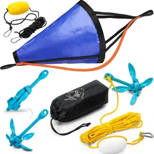 Jerify Drift Sock and Kayak Anchor Set with Dump Line for Boat Kayak Pontoon (35'' for 16-20ft Boat) Harness Buoy Ocean Fishing Drift Sea Folding Anchor Kit 3.5lbs with Storage Bag