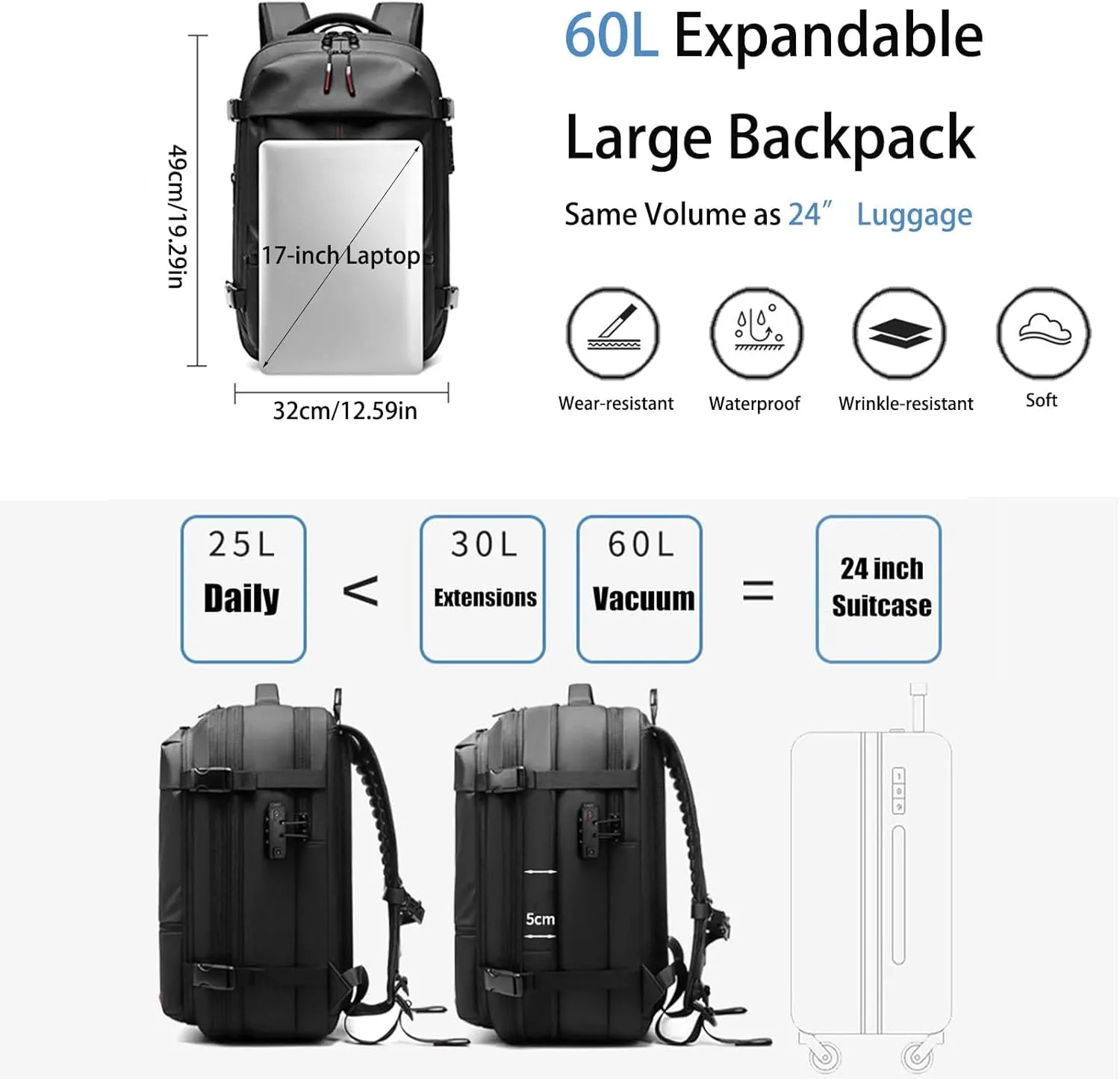 Jfxgjuv Ezy Vac Backpack, Vacpack Backpack, 60L Expandable Vacuum Compression Bag with Air Pump, Waterproof, TSA Lock (Blue (With Pump))