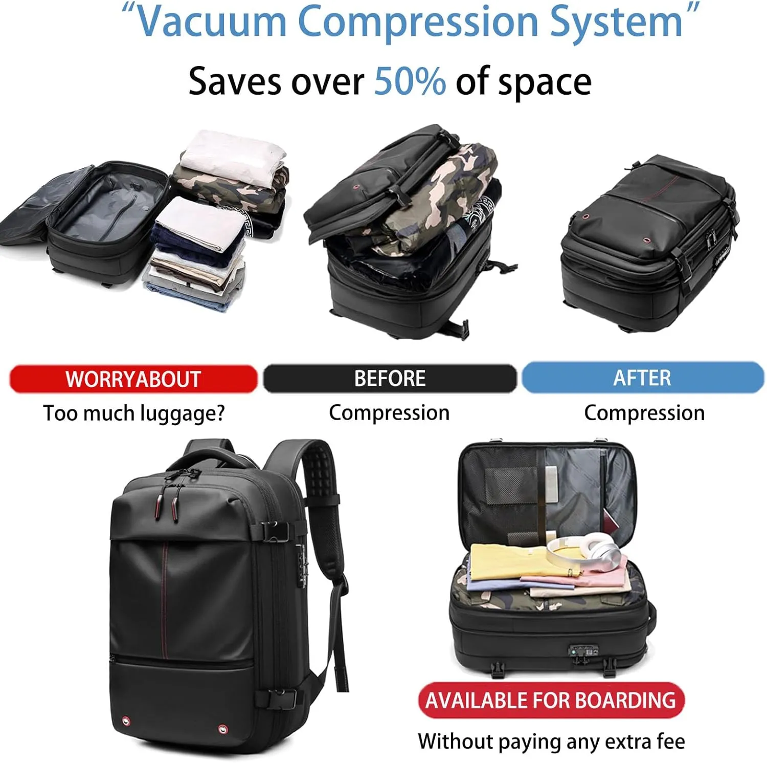 Jfxgjuv Ezy Vac Backpack, Vacpack Backpack, 60L Expandable Vacuum Compression Bag with Air Pump, Waterproof, TSA Lock (Blue (With Pump))