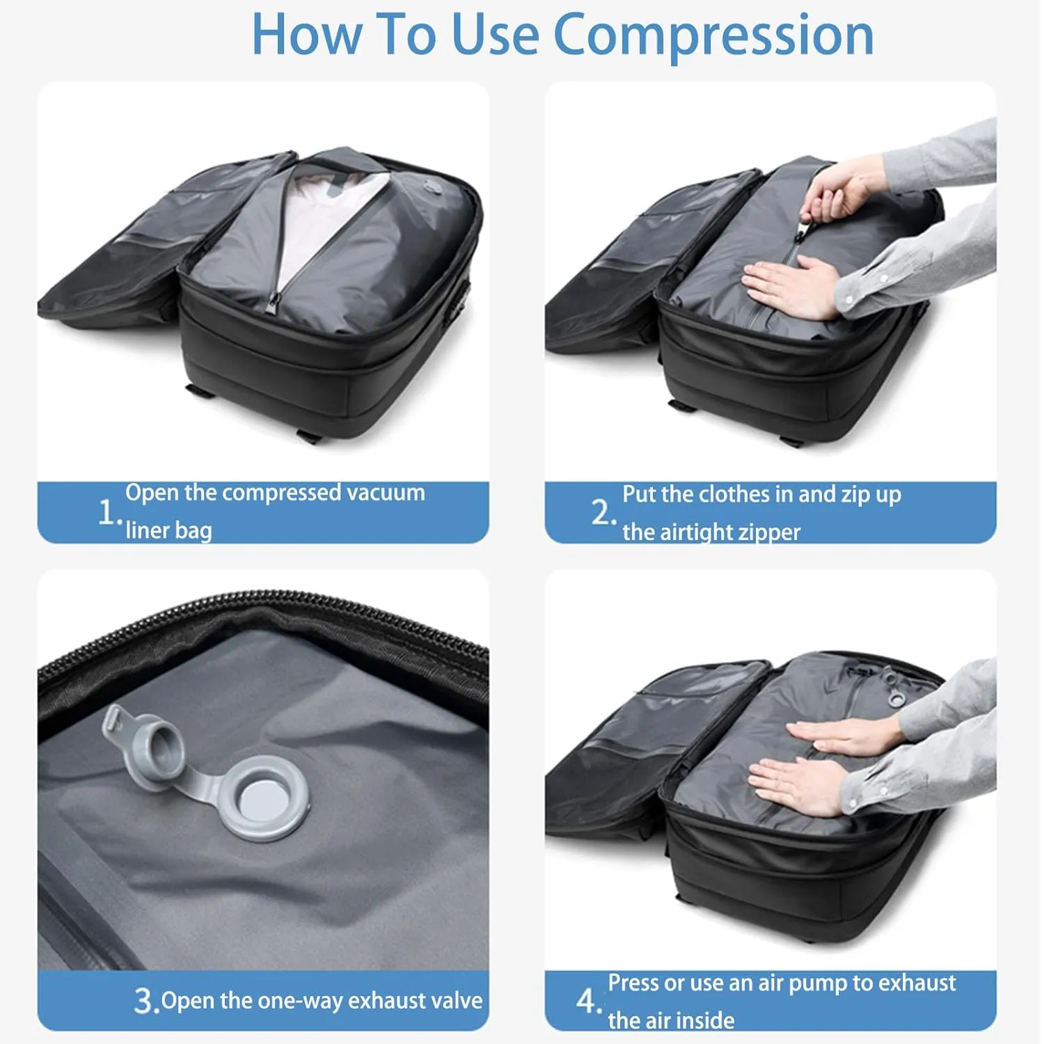 Jfxgjuv Ezy Vac Backpack, Vacpack Backpack, 60L Expandable Vacuum Compression Bag with Air Pump, Waterproof, TSA Lock (Blue)