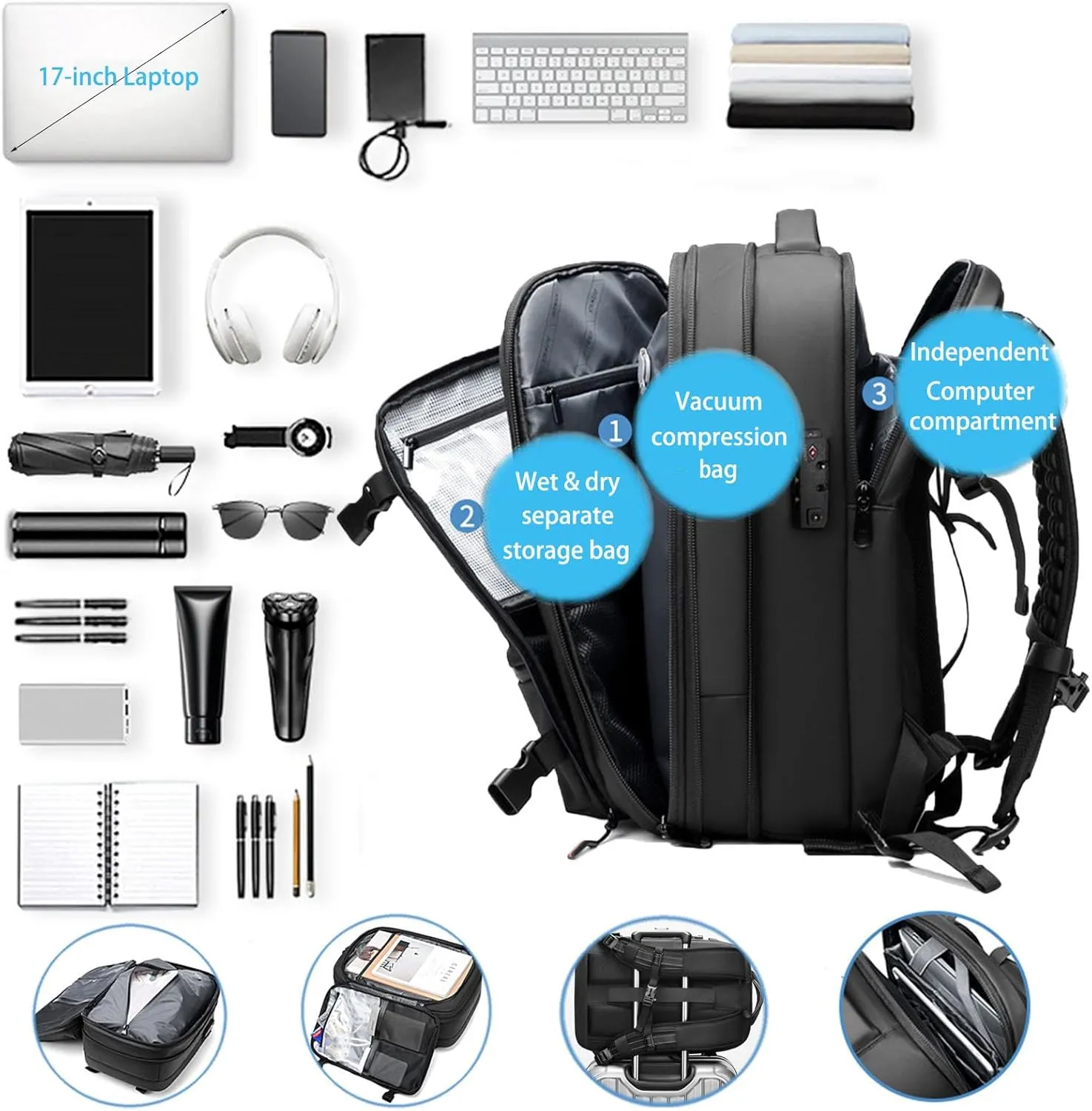 Jfxgjuv Ezy Vac Backpack, Vacpack Backpack, 60L Expandable Vacuum Compression Bag with Air Pump, Waterproof, TSA Lock (Blue)