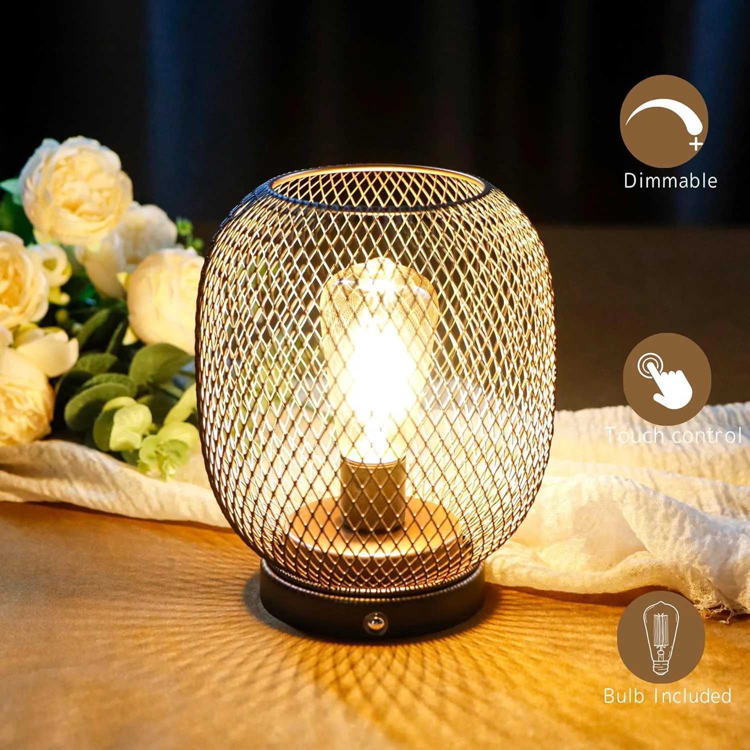 JHY DESIGN Dimmable Touch Bedside Table Lamp Rechargeable Battery Powered Lamp with LED Bulb Night Accent Light for Weddings Parties Patio Events for Indoors Outdoors(Metal Base, Bronze Round)